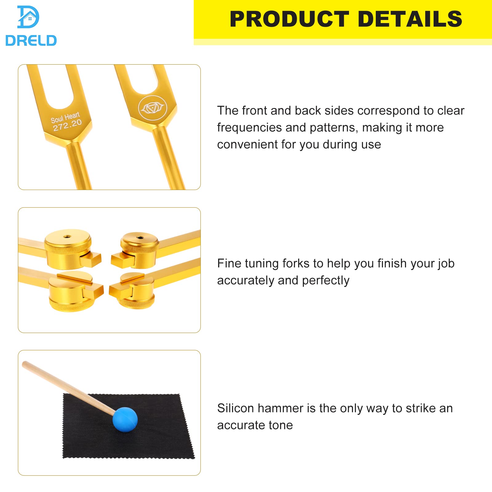 Weighted Chakra Tuning Fork Of 9 Gold, 8 Chakra + 1 Soul Purpose Tuning Forks With Hammer And Bag