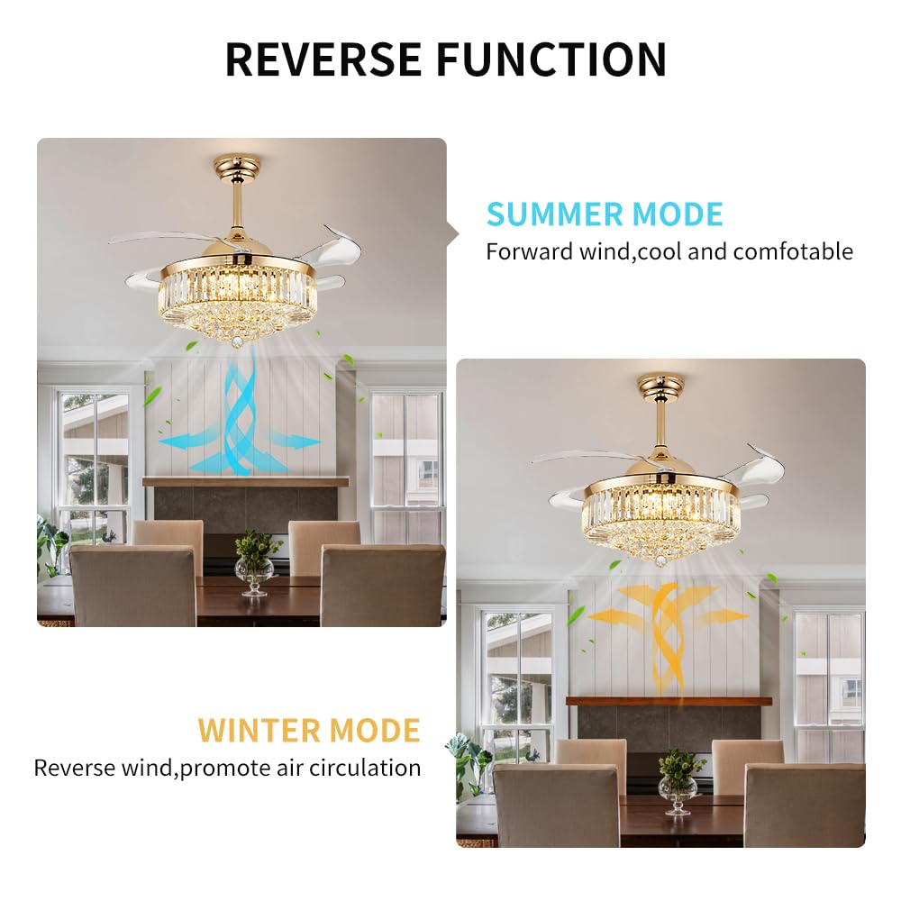 42'' Fandelier Ceiling Fan With Light, Retractable Chandelier Fan Led Dimmable Crystal Ceiling Fan For Bedroom Living Room Dinin