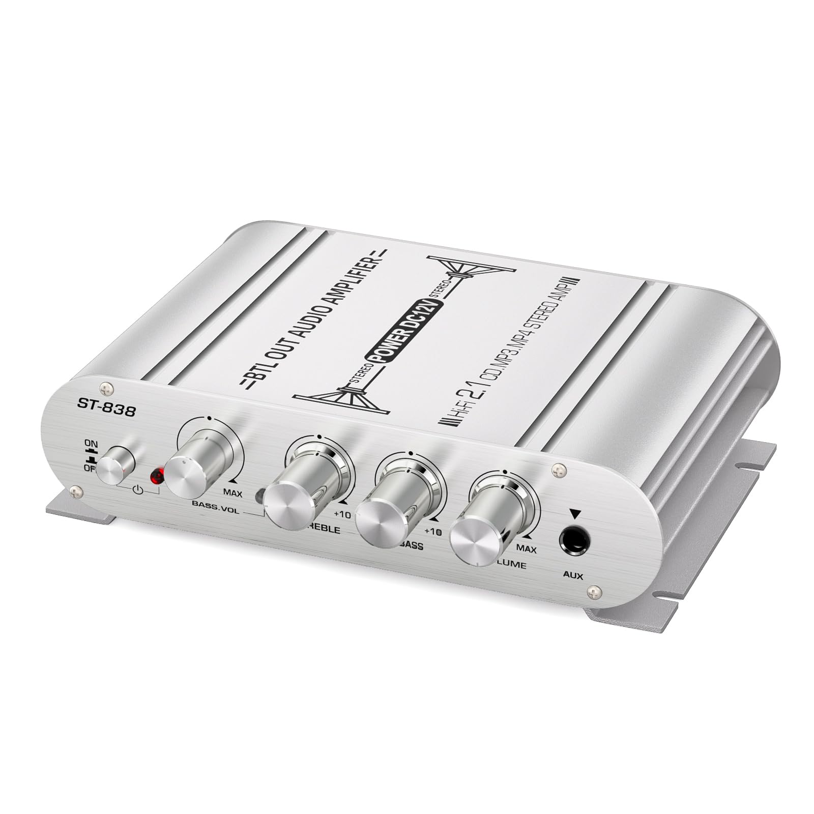 Facmogu St 838 2.1Ch Audio Power Amplifier, Rms 20Wx2+40W Class D Stereo Digital Audio Amp With Subwoofer Output, 80W Mini Subwoofer Amplifier Audio Stereo Bass Amp With Dc12V Power Adapter   Silver