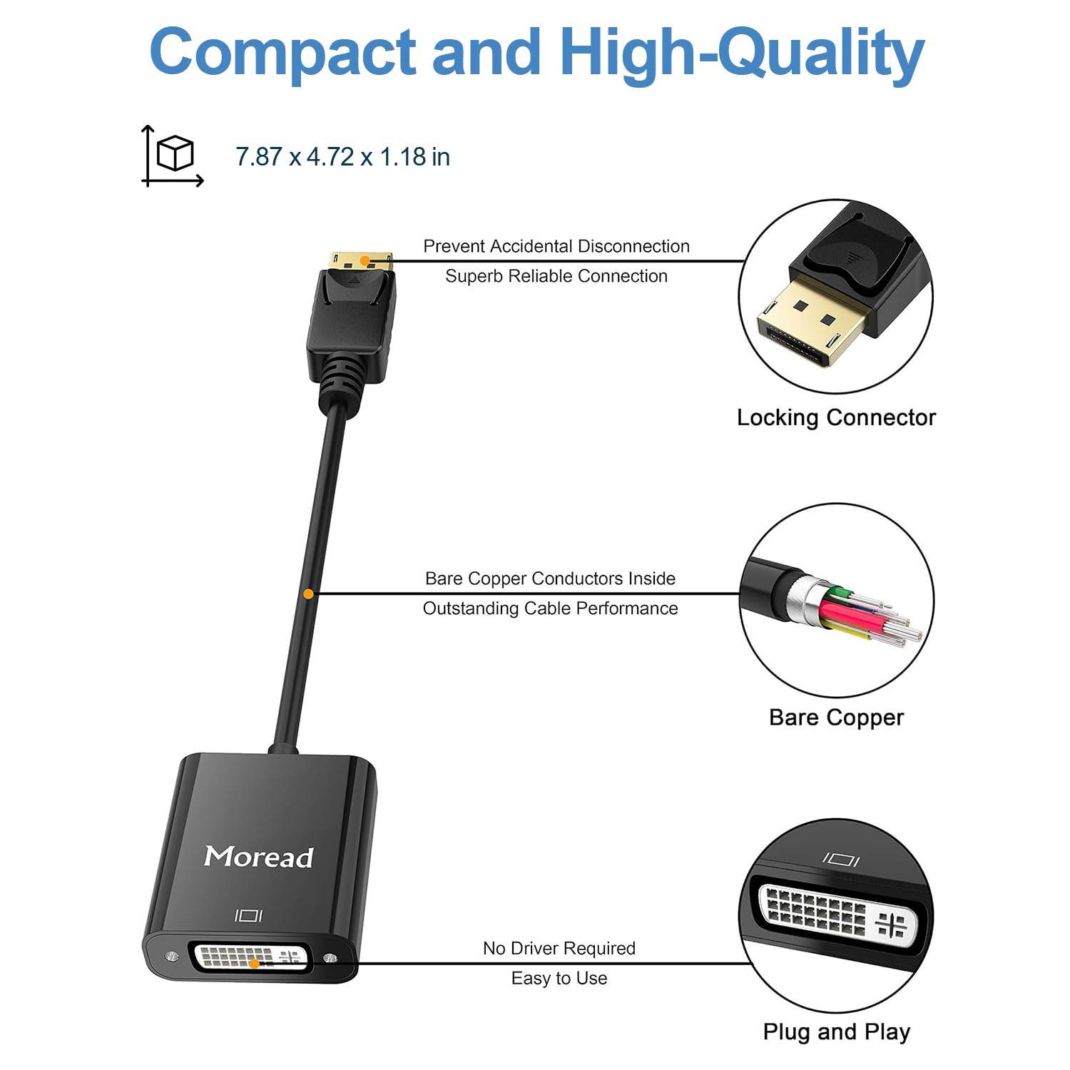 Moread Displayport (Dp) To Dvi Adapter, Gold Plated Display Port To Dvi D Adapter (Male To Female) Compatible With Computer, Des