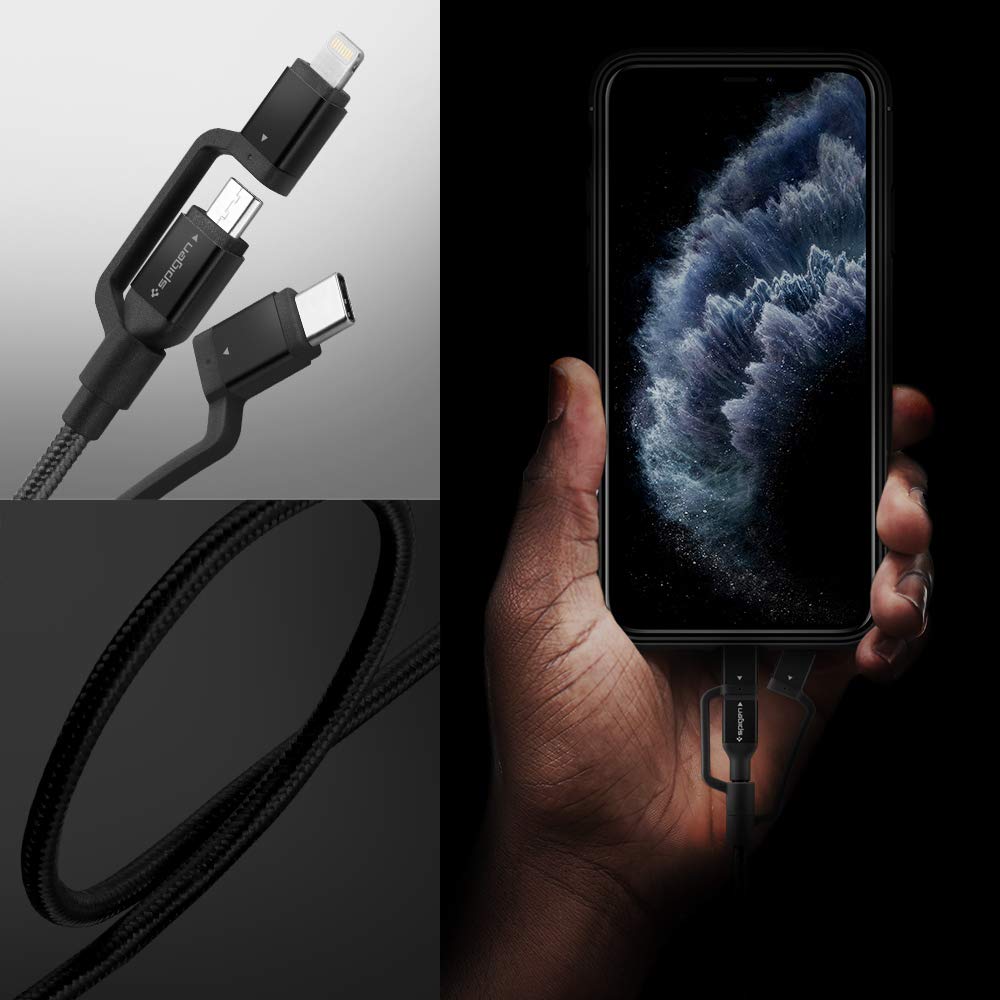 Spigen Durasync 3 In 1 Universal Charger Cable, Micro Usb/Lightning/Usb C Adapters [Mfi Certified], 4.9Ft Premium Braided Multi