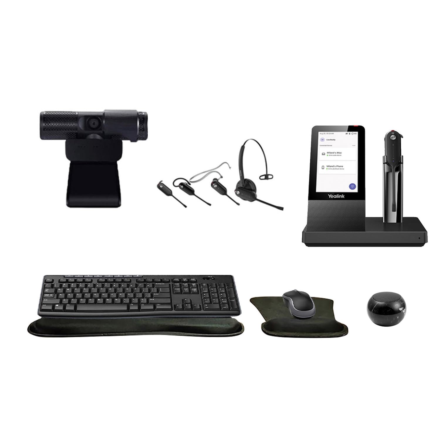 Yealink WH67 Mono Bluetooth Headset with Multitouch Console Bundle with Cam 313 2MP Webcam, MK270 Wireless Keyboard and Mouse, M