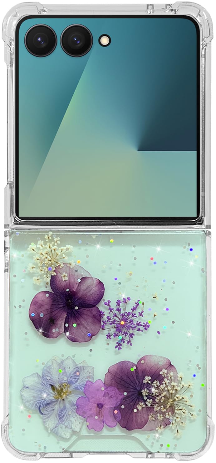 Abbery for Samsung Galaxy Z Flip 7 Case Cute Clear Dry Real Flower Design Bling Glitter Sparkly Protective Shockproof Aesthetic 