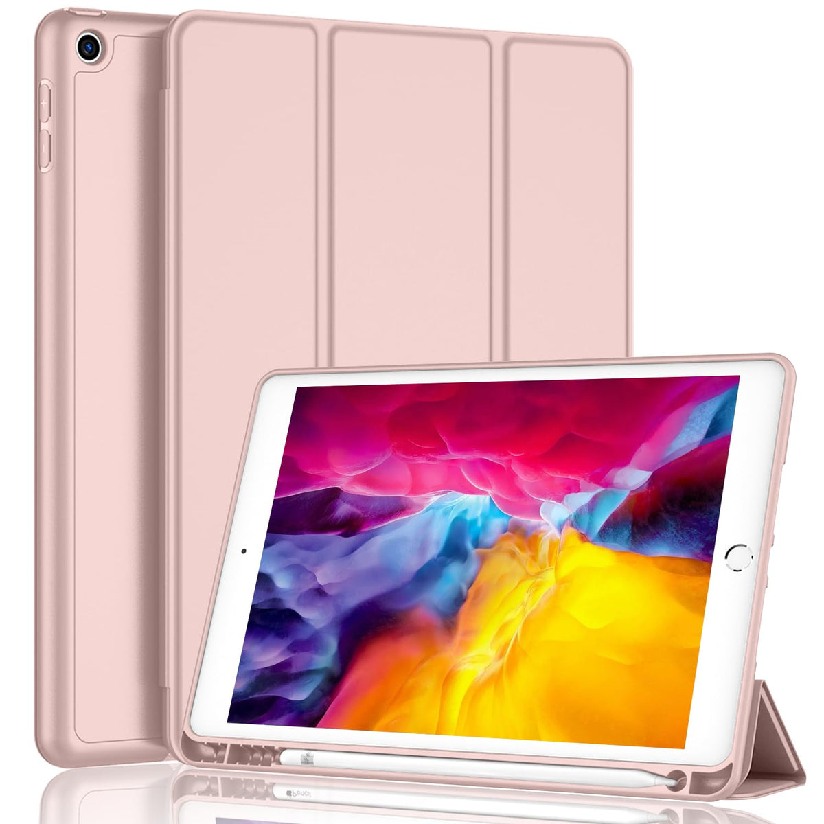 Imieet Ipad 9Th Generation Case 2021/Ipad 8Th Generation Case 2020 10.2 Inch With Pencil Holder, Ipad 7Th Gen 2019 Case With Soft Baby Skin Silicone Back, Auto Wake/Sleep Cover (Rose Pink)