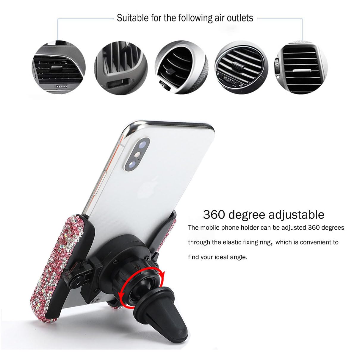 Suncaraccl Bling Car Phone Holder   Mini Dash Air Vent Automatic Phone Mount   Universal 360Adjustable Crystal Auto Car Stand