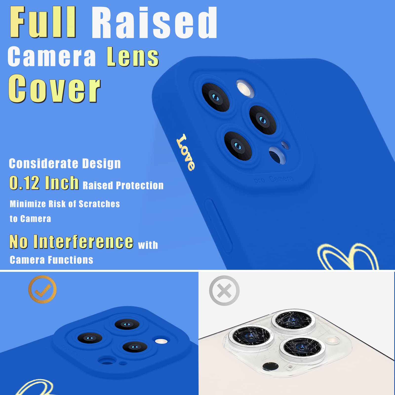 Teageo iPhone 13 Pro Case Love Heart Full Camera Lens Protective Silicone Blue 6.1 inch