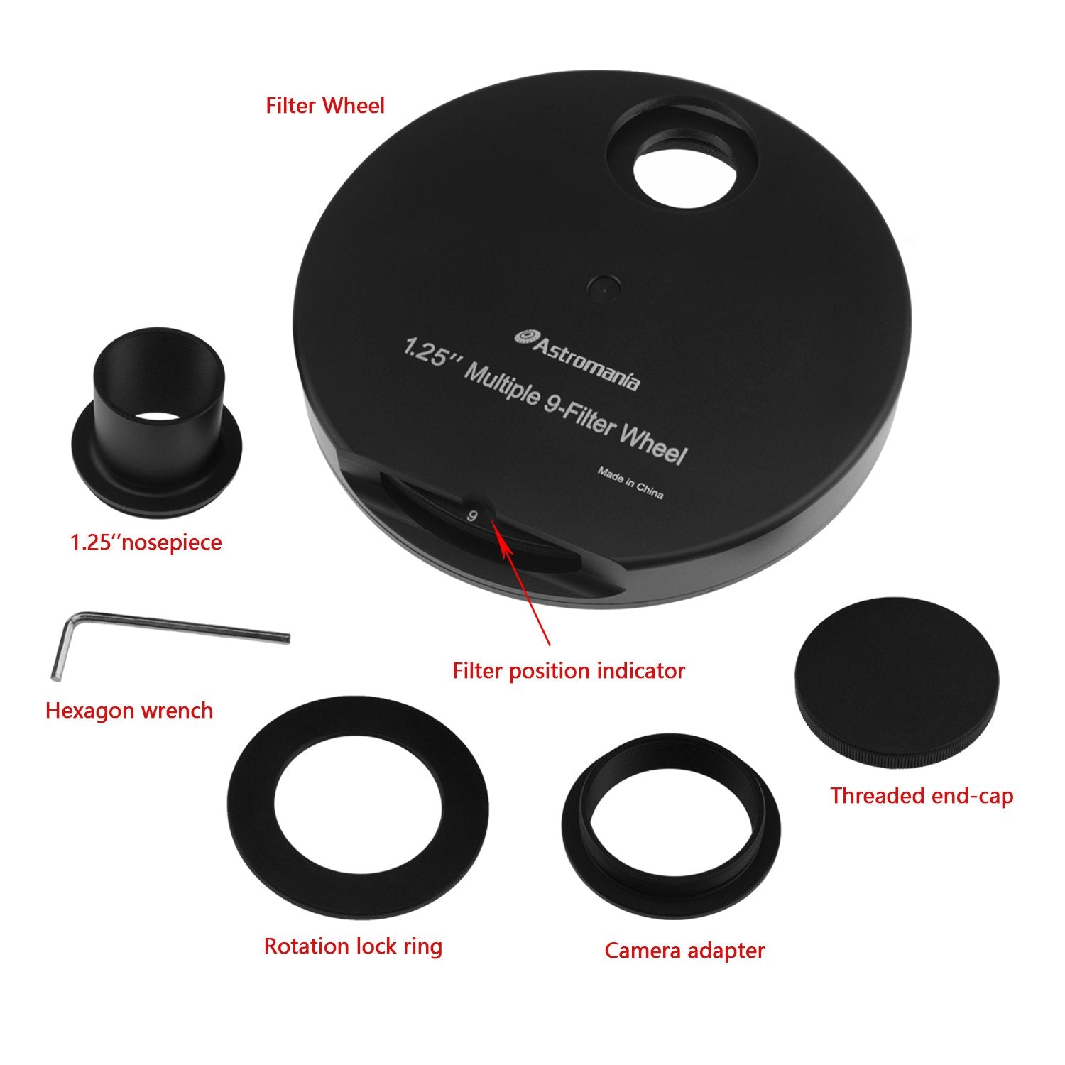 Astromania 1.25'' Multiple 9 Position Filter Wheel For Telescope   Allowing You To Image Without Any Reflections Or Stray Light