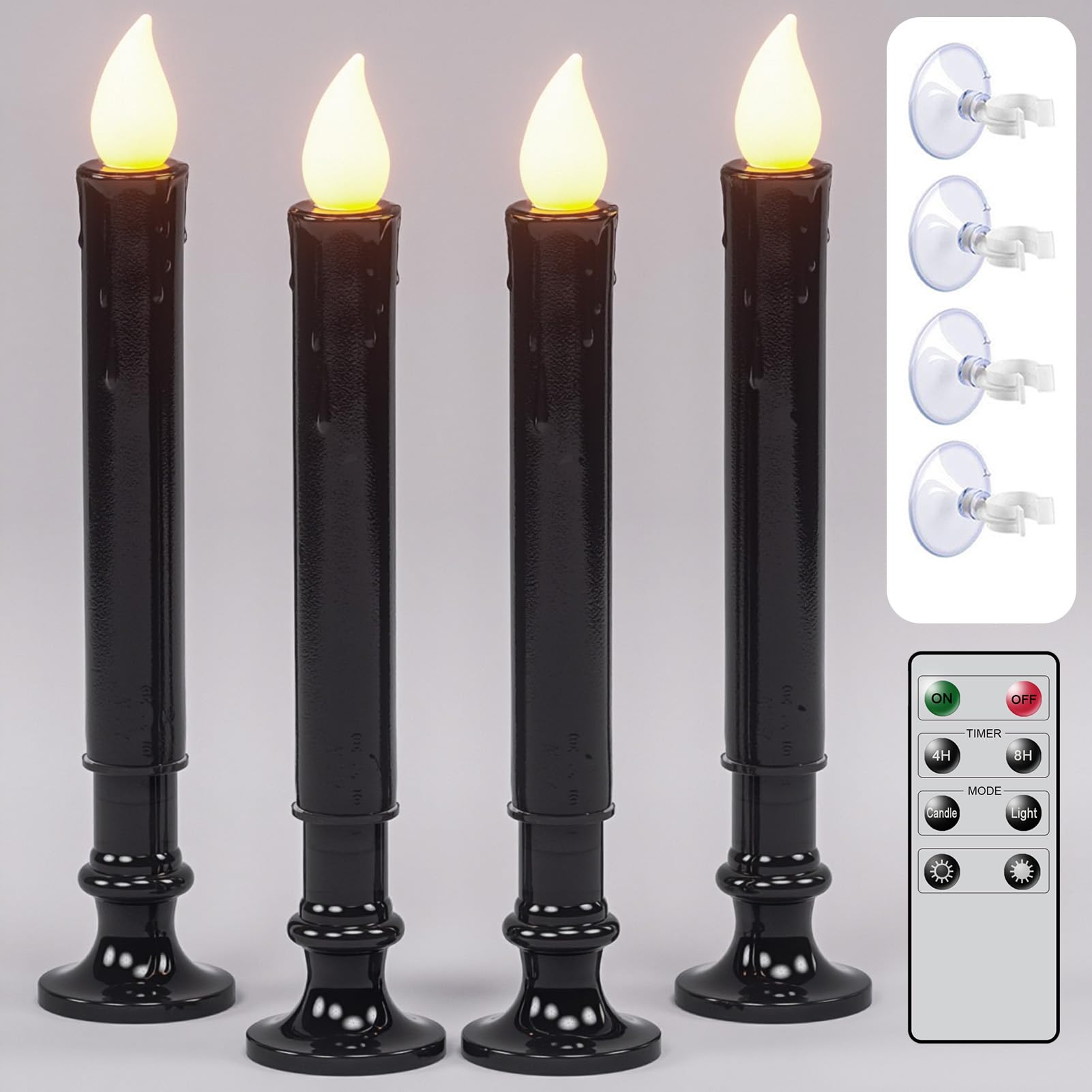 Dromance 9 Black Flameless Window Taper Candles Battery Operated With 8-Key Remote And Timer, 4 Pack Halloween Led Short Window