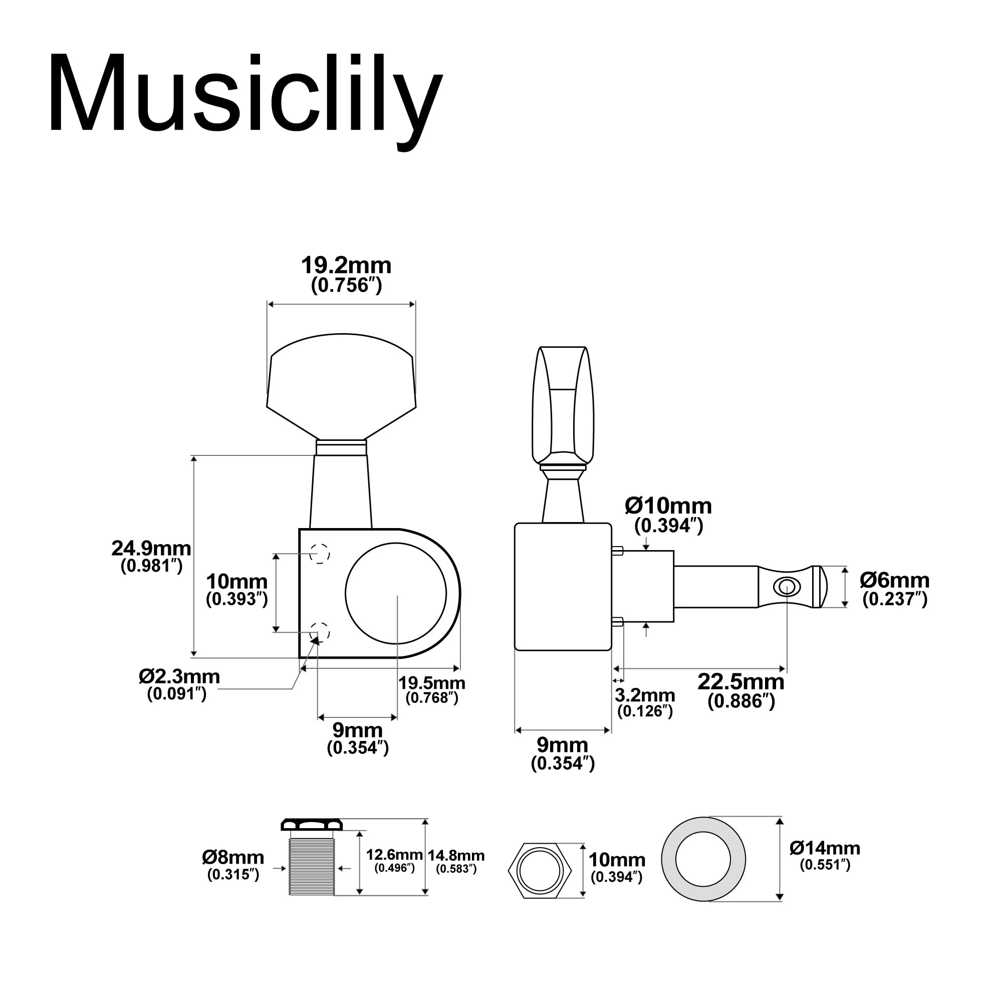 Musiclily Pro 6 Inline Sealed 2 Pins Guitar Tuners Tuning Pegs Keys Machine Heads Set For Fender Squier Strat Electric Guitar, B