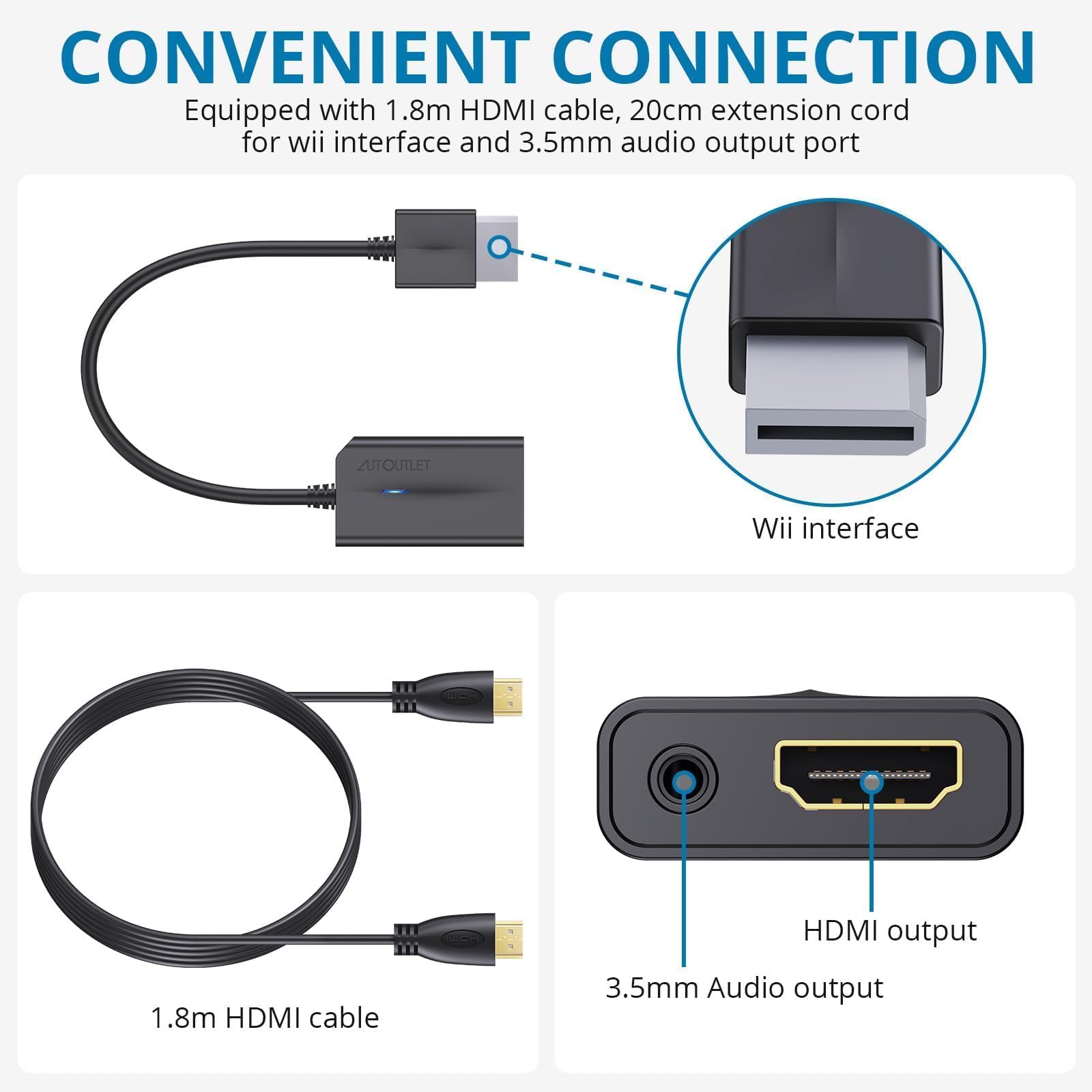 Autoutlet Wii To Hdmi Converter 1080P With 6Ft High Speed Hdmi Cable Wii2 Hdmi Adapter With Blue Indicator, Output Video&Audio W
