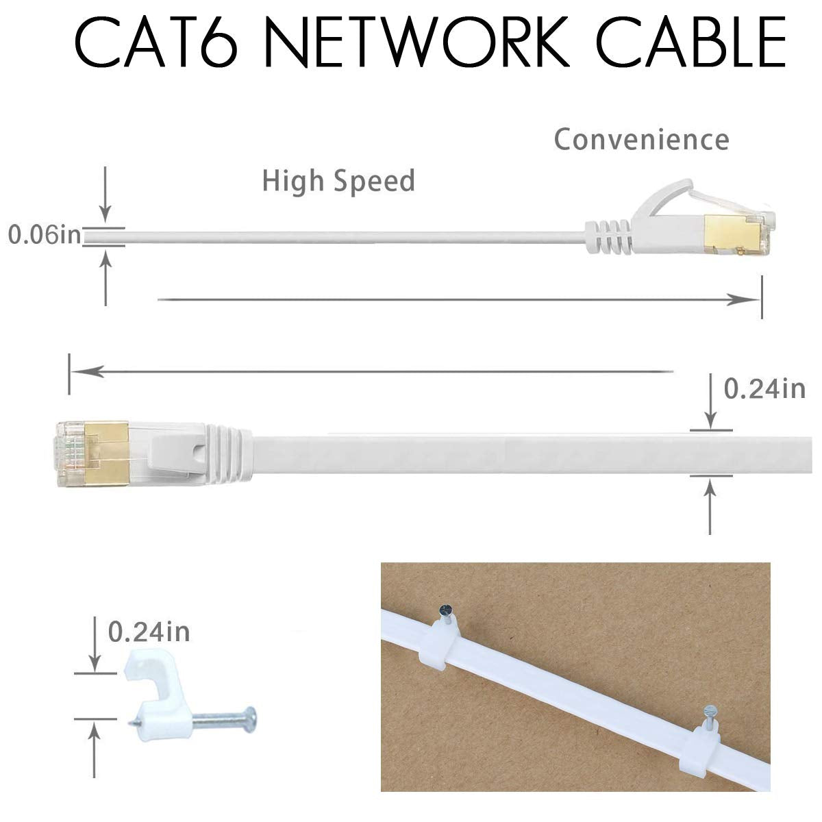 Flat Cat6 Ethernet Cable 200 Ft With Cable Clips, Comtelek Cat 6 Ethernet Rj45 Patch Cable, Slim Network Cable, Thin Internet Computer Cable   200 Feet White(60 Meters)�