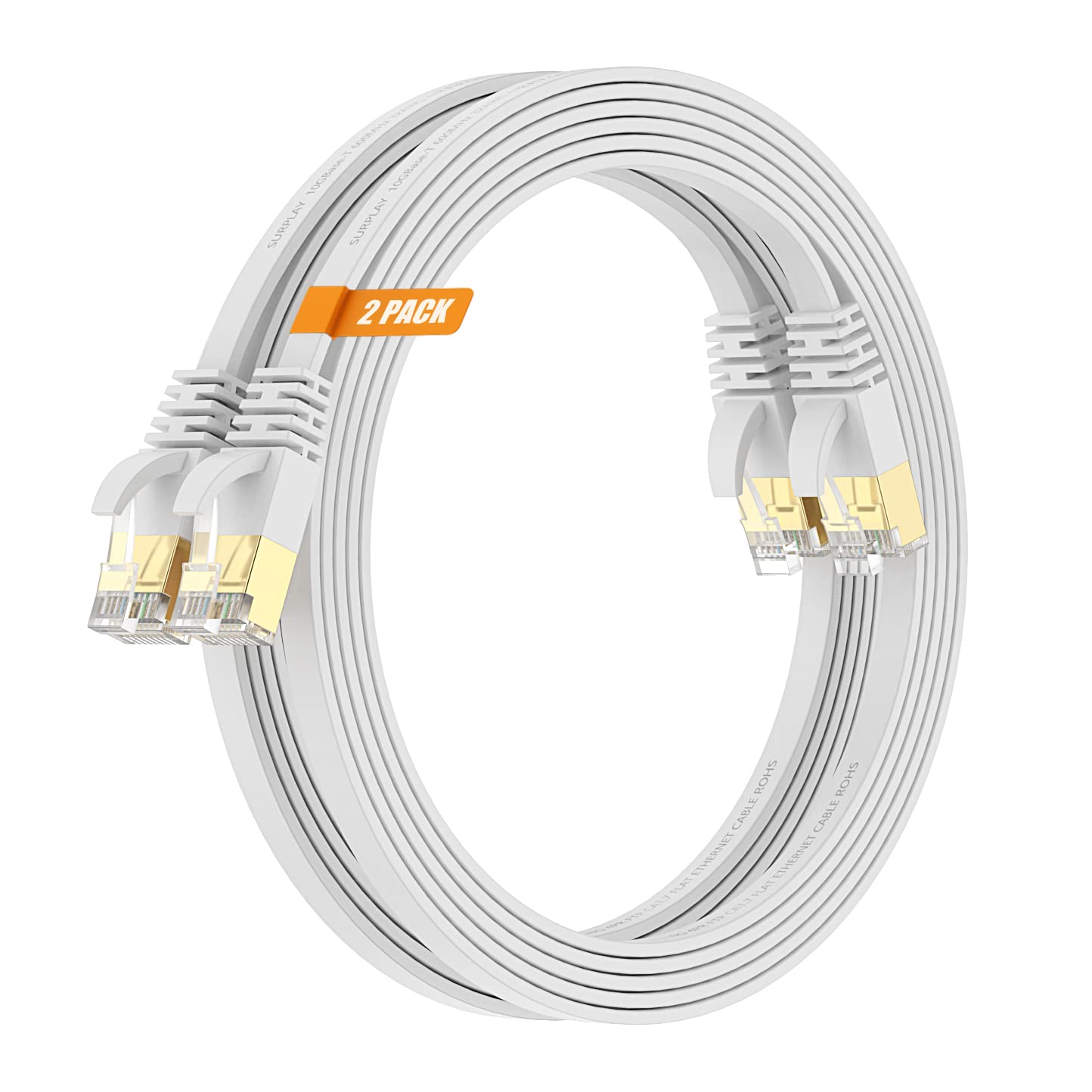 Surplay Cat7 2Pack 20Ft Ethernet Cable White 10Gbps Shielded & Ground Wire Internet Network Flat Cord,Ultra Slim Gold Plated Rj4