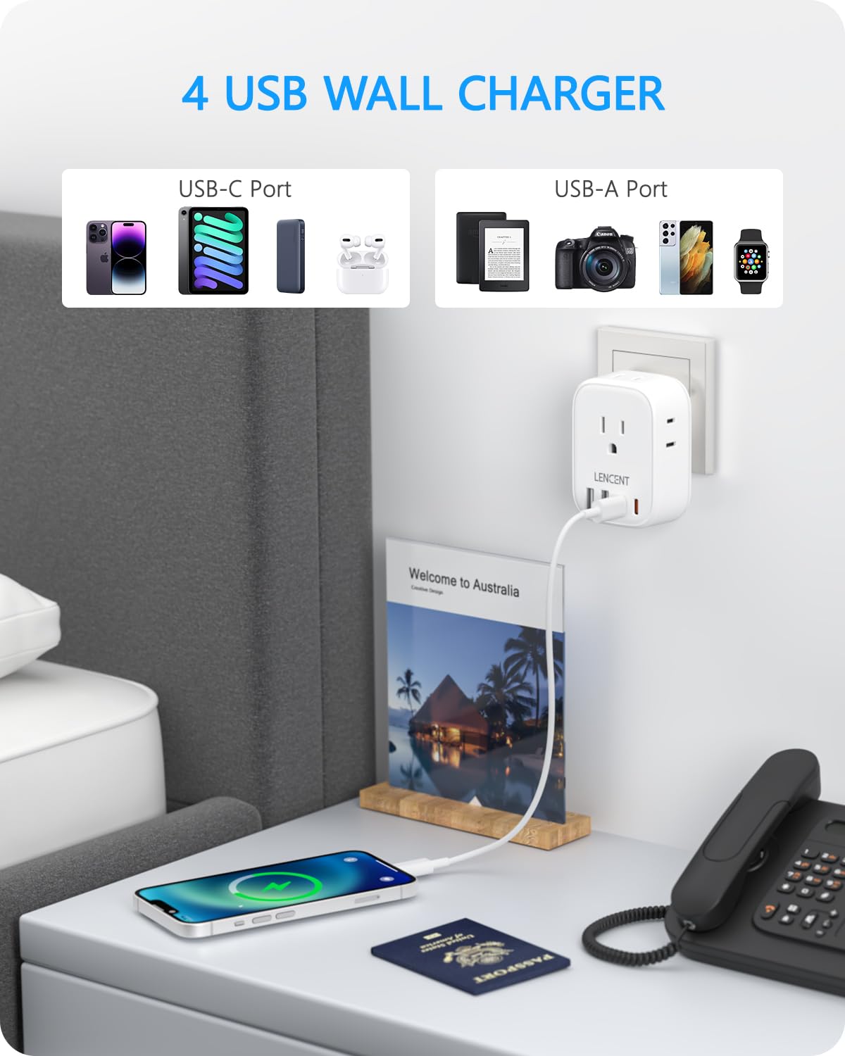 Lencent Australia New Zealand Power Plug Adapter, Australian Travel Adaptor With 4 Outlets, 4 Usb Charger(2 Usb C Port), Type I