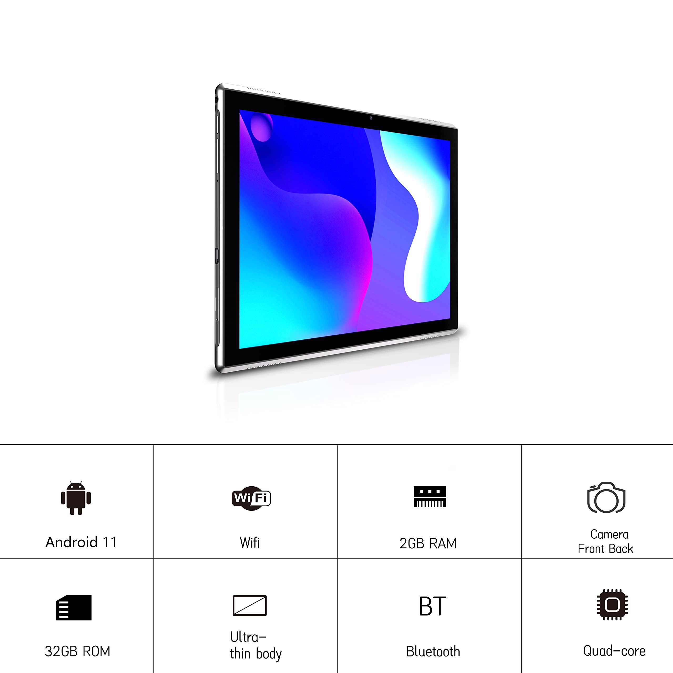 Tablet 10 Inch Tablets, Google Android 11 Tablet 10'', Quad Core Processor Tableta Computer With 32Gb Rom 2Gb Ram, 2+8Mp Camera