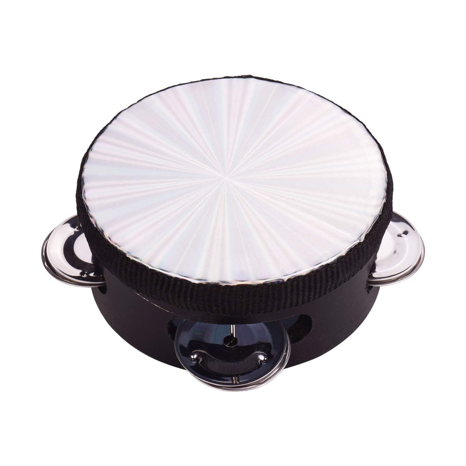 4 Inch Wooden Radiant Tambourine Handbell Hand Drum with Single Row Jingles Reflective Drum Head Percussion Instrument Musical T