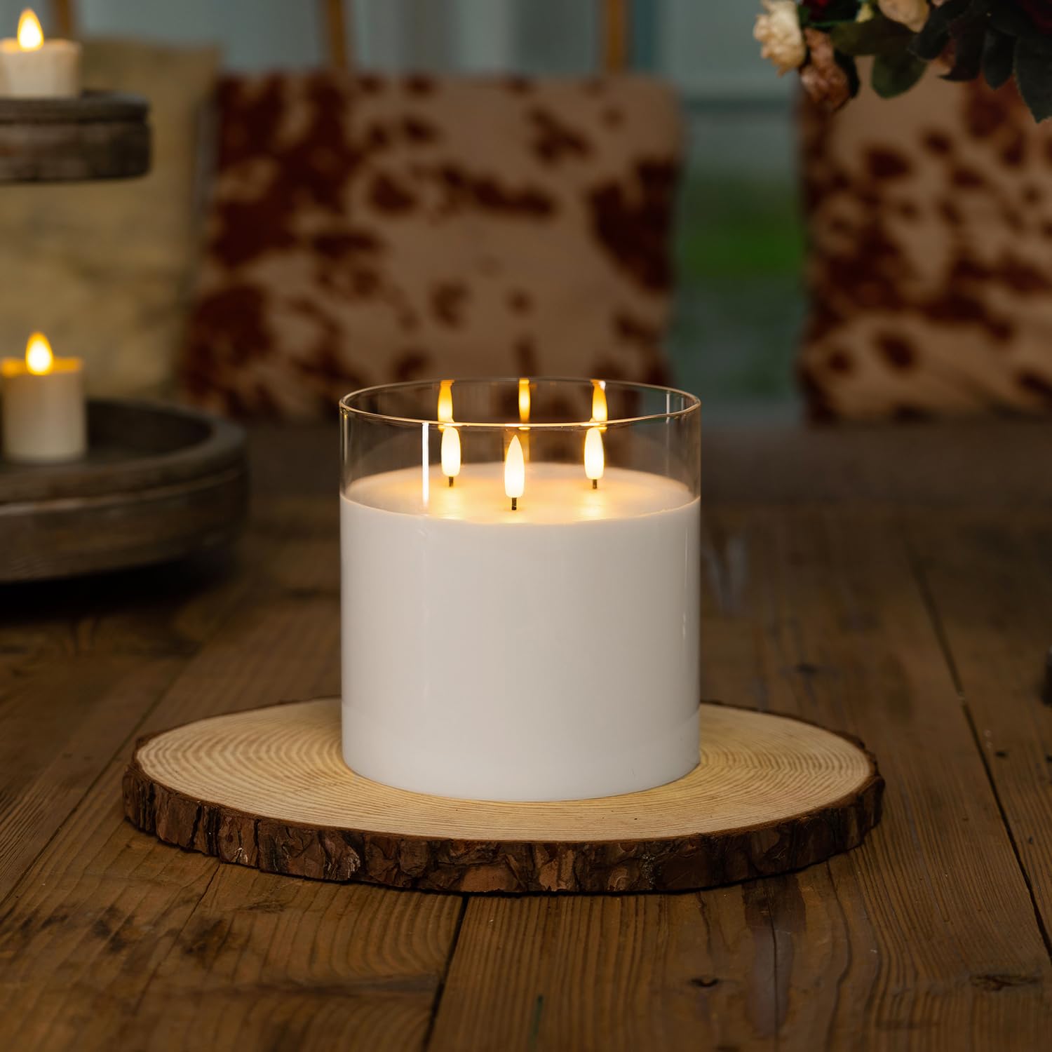 Homemory 6X6'' Extra Large Flameless Candle With 3 Wicks, Glass Led Pillar Candle, Real Wax Battery Operated Candle With Remote