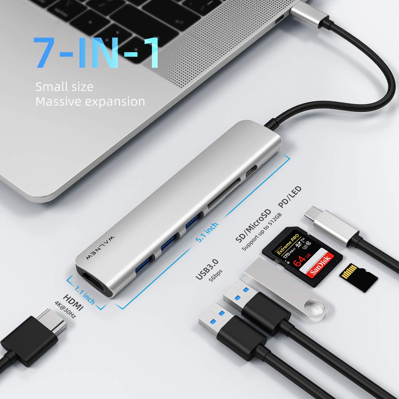 Walnew 7 In 1 Usb C Hub With 100W Pd,4K Hdmi,Sd/Tf Reader,Usb 3.0, Thunderbolt 3 Dongle Multiport Adapter Type C Dock For Mac/Im