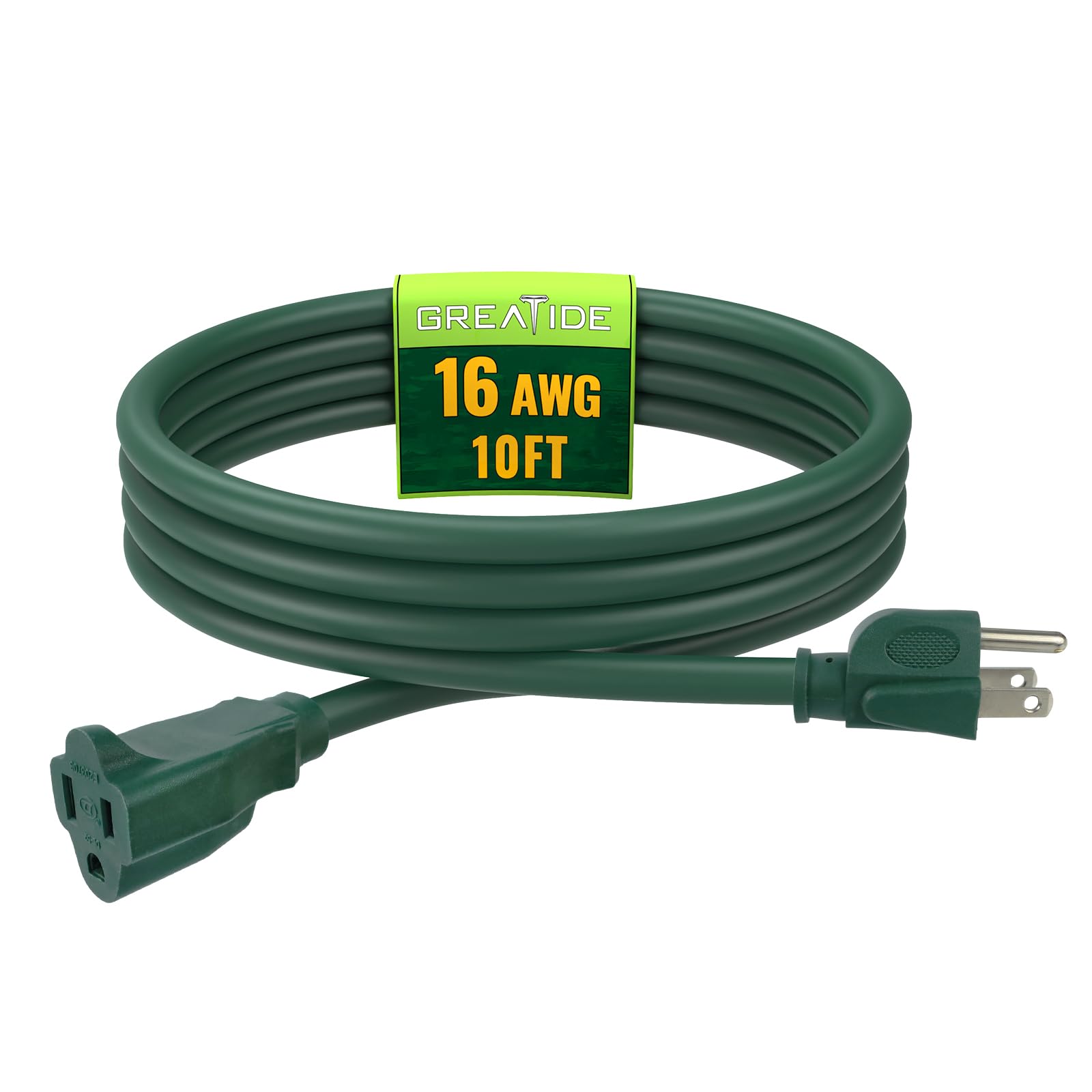 Greatide Indoor Outdoor Extension Cord 10 Ft, 16/3 Sjtw Weatherproof Green Electrical Cords, 13 Amp Heavy Duty 3 Prong Power Cab