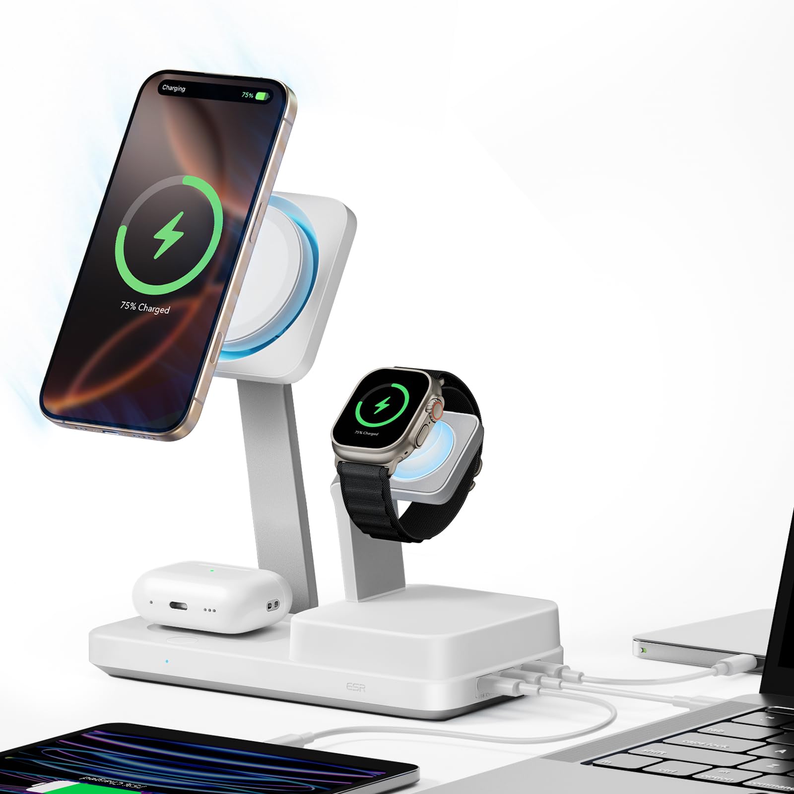 ESR for 3 in 1 Charging Station, Qi2.2 Certified 25W MagSafe Charger Stand with CryoBoost, Phone-Cooling Fast Charging Station, 
