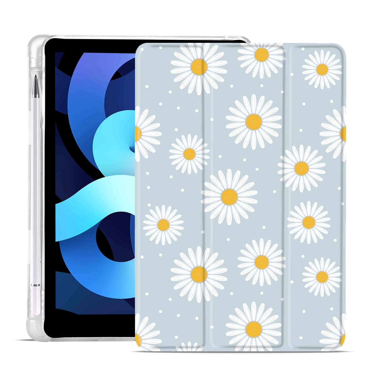 Maycari White Daisy Case For Ipad 9.7 Inch 2017/2018 With Pencil Holder, Cute Ipad 5Th/6Th Generation Protective Case With Soft