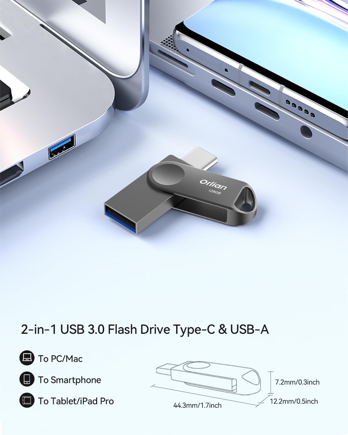Orlian 128GB USB C Flash Drive Dual USB 3.0 Type C Metal Waterproof Swivel Grey
