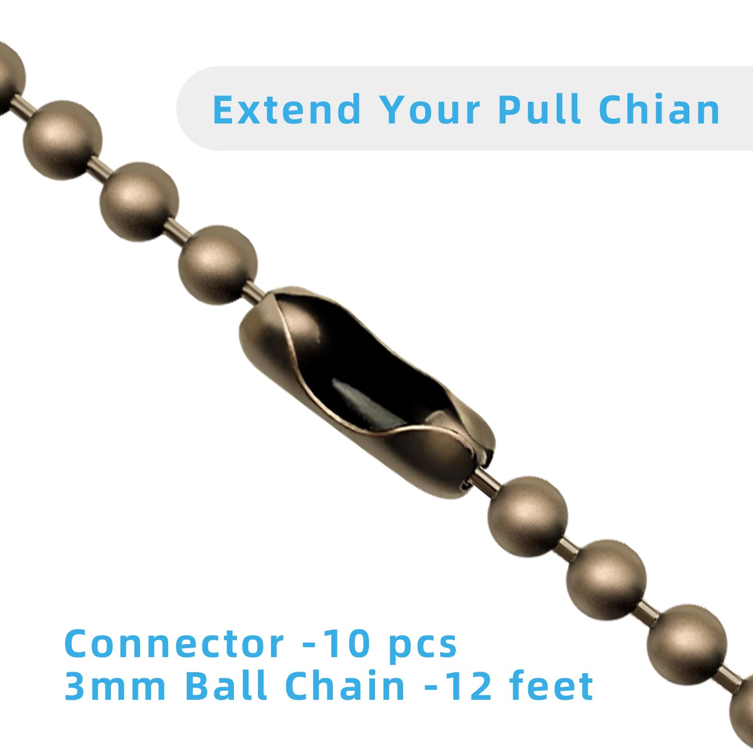 Ceiling Fan Pull Chain Extender, 12Feet 3Mm Diameter Beaded Ball Fan Light Extension Pull Chain With 10 Matching Connectors (Ant