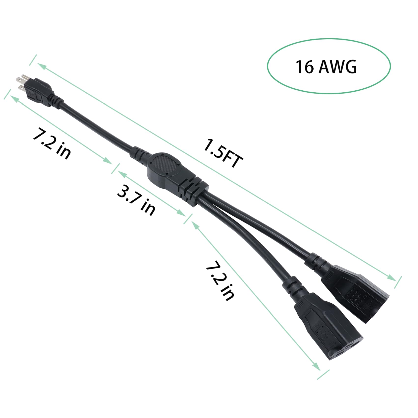 1.5 Ft Extension Cord Splitter 1 To 2, 3 Prong Indoor Power Outlet Splitter, 16Awg Cable Wire Extender Space Saver For Halloween