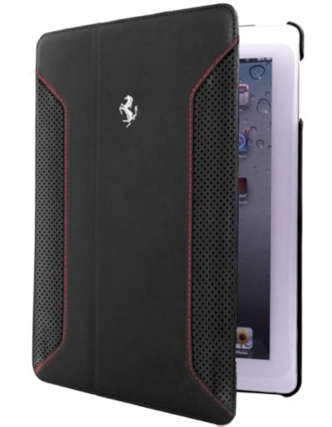 FERRARI iPad Air F12 Leather Booktype Tablet Flip case with Embossed Logo -Black/Red Stitch