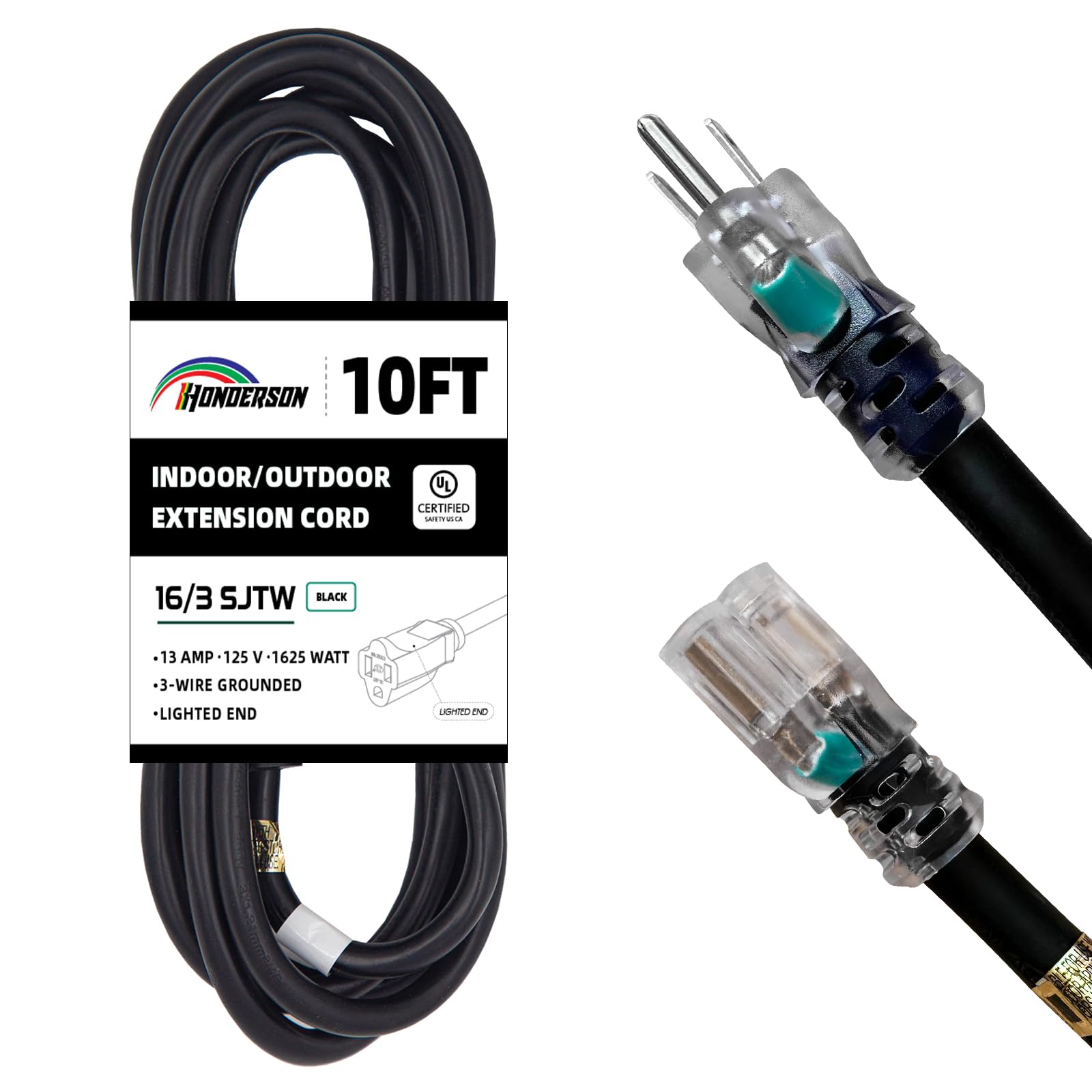 Honderson 10Ft 16/3 Lighted Outdoor Extension Cord   16 Gauge 3 Prong Sjtw Black Extension Cord For Christmas Lights With 3 Pron