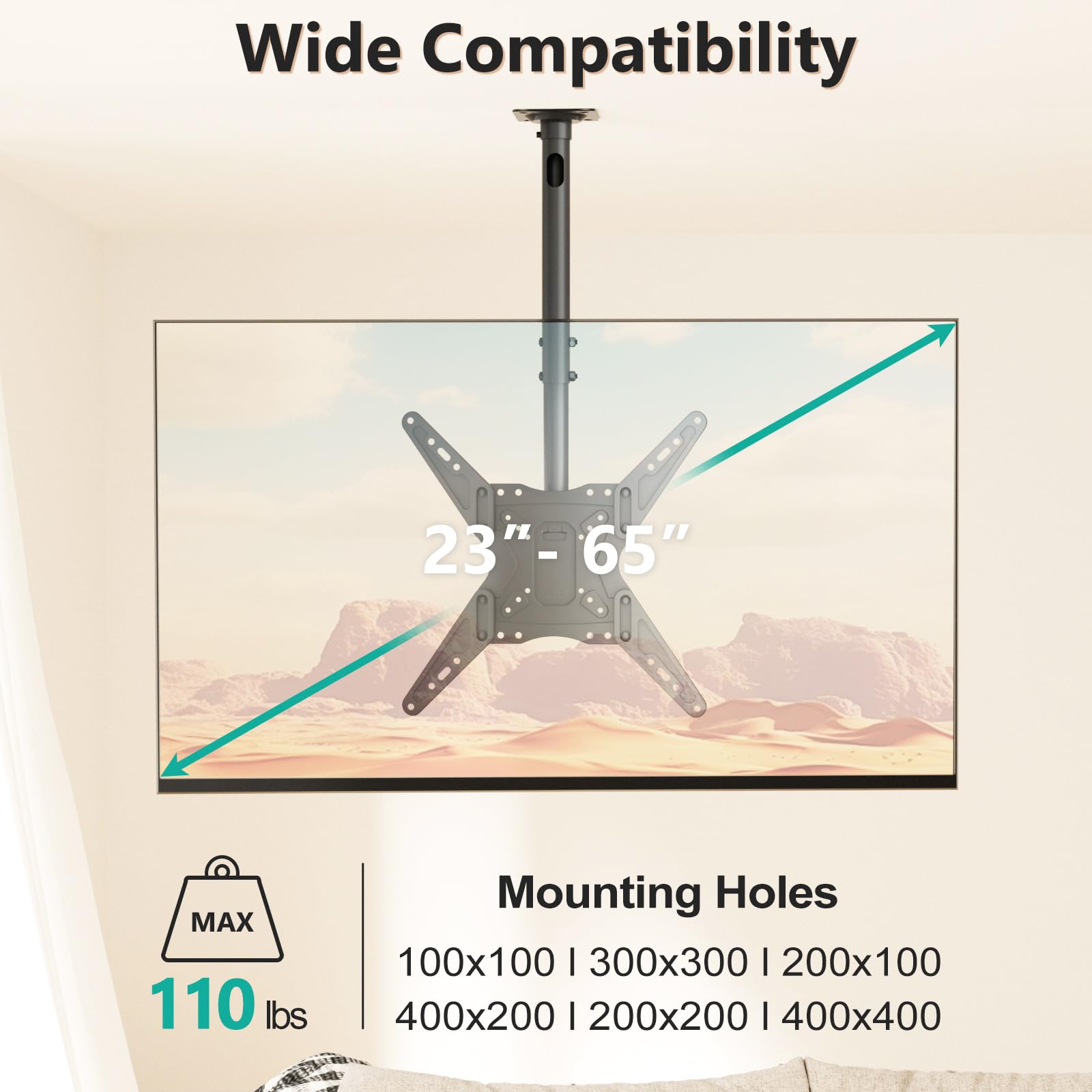 Wali Ceiling Tv Mount Adjustable Bracket Fits Most Led, Lcd, Oled And Plasma Flat Screen Display 23 To 65 Inch, Up To 110 Lbs, M