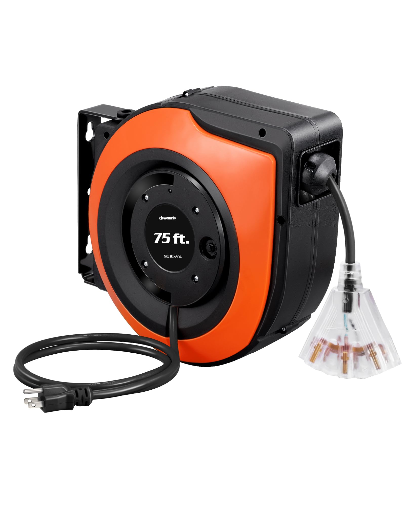 Dewenwils Retractable Extension Cord Reel, 75 Ft Heavy Duty Power Cord, 14/3C Sjtow, Lighted Triple Tap Outlets, 10A Circuit Bre