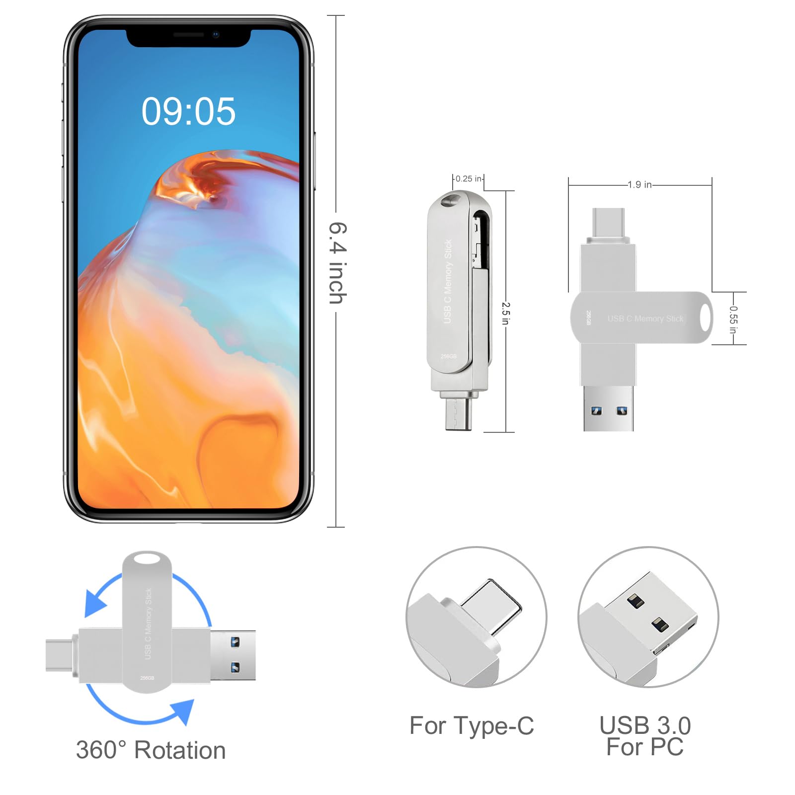 Usb C Thumb Drive 256Gb For Phone, Hupins 170Mb/S High Speed Usb Flash Drive Photo Storage, Multi Port Memory Stick Compatible A