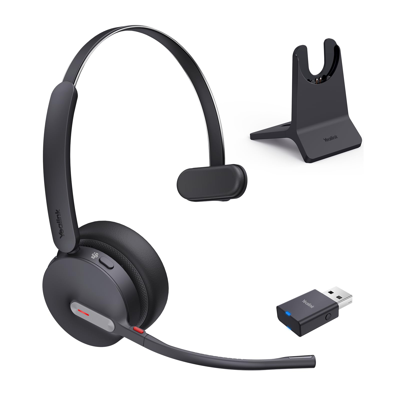 Yealink WH64 Hybrid Wireless Headset Dongle & Charging Stand, 492ft Range DECT&Bluetooth Headphones for Teams, Zoom UC,Single Ea