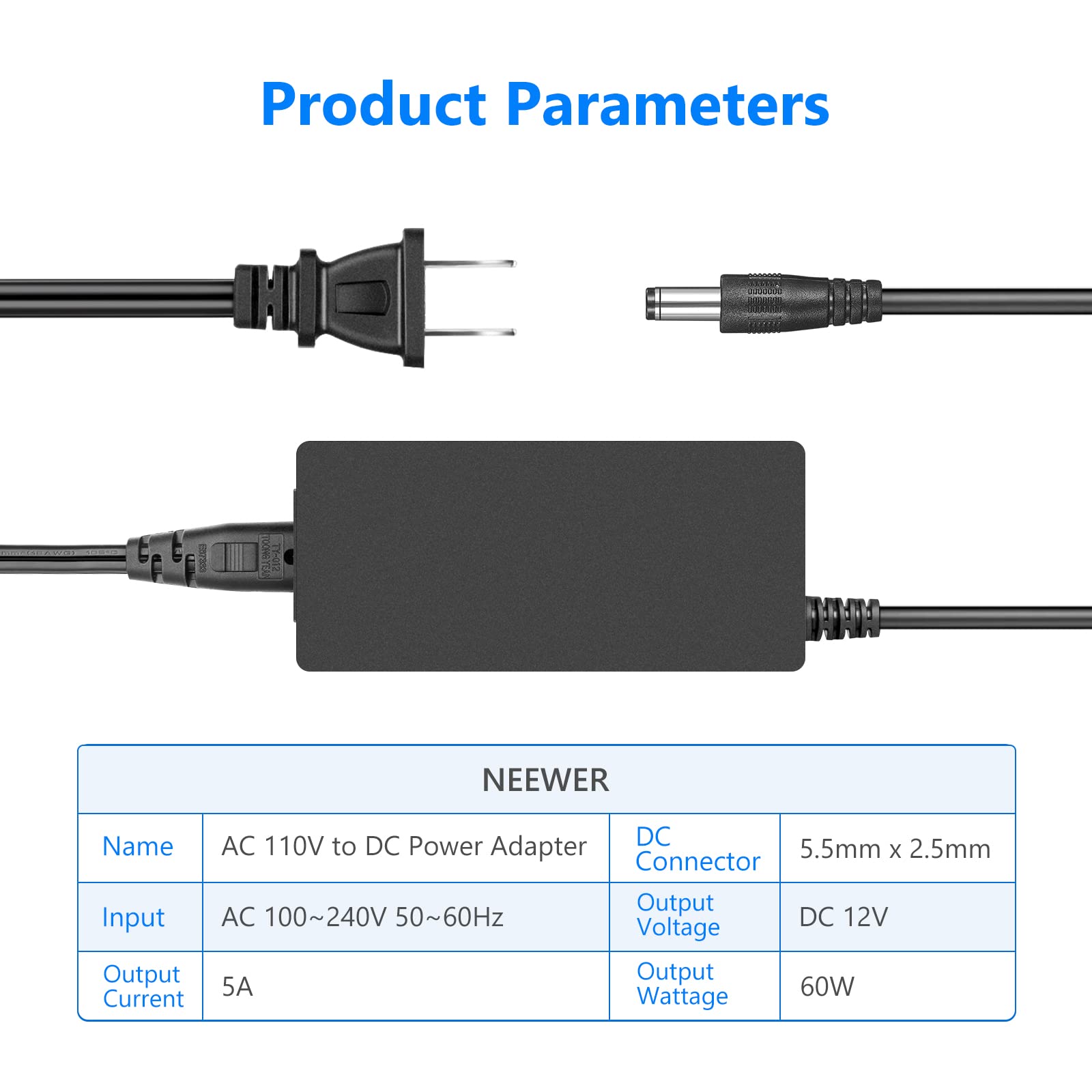 Neewer Ac 100 240V To Dc 12V 5A 60W Power Supply Adapter With 6.5 Feet/2 Meters Power Cable Compatible With 660 960 Led Video Li