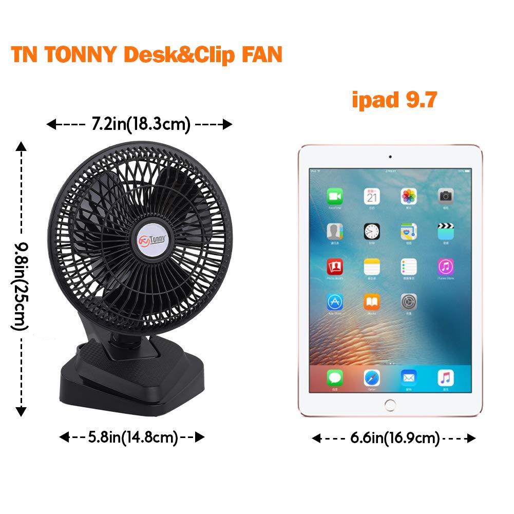 TN TONNY 6-Inch Convertible Desk & Clip-On Fan, Black, Two Quiet Speeds, Perfect for Home, Office, and Dorm Use