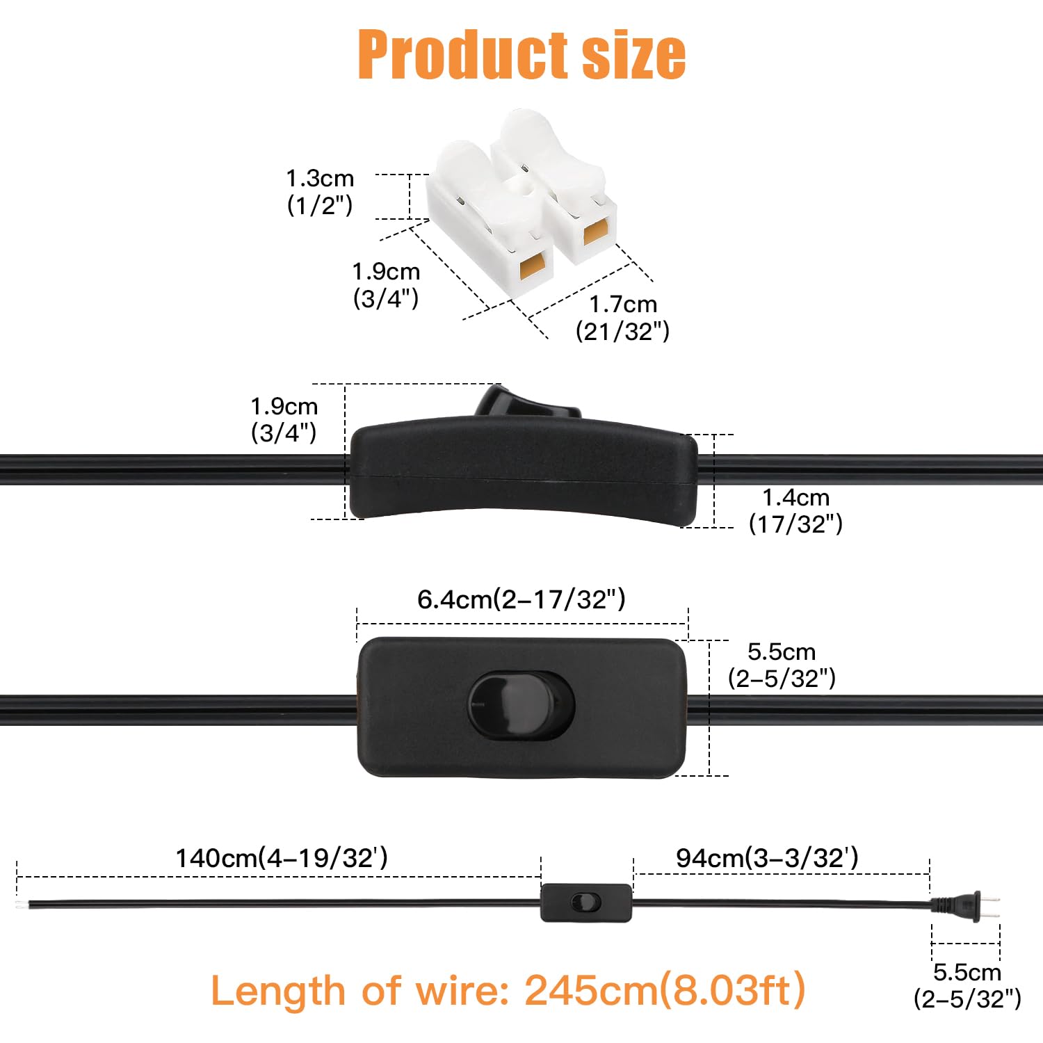 Asjeumt 8Ft Lamp Cord With Switch, Black Lamp Cord Set With Plug, Spt 2 Wire On Off Button Switches 2 Polarized Plug 18Awg Power