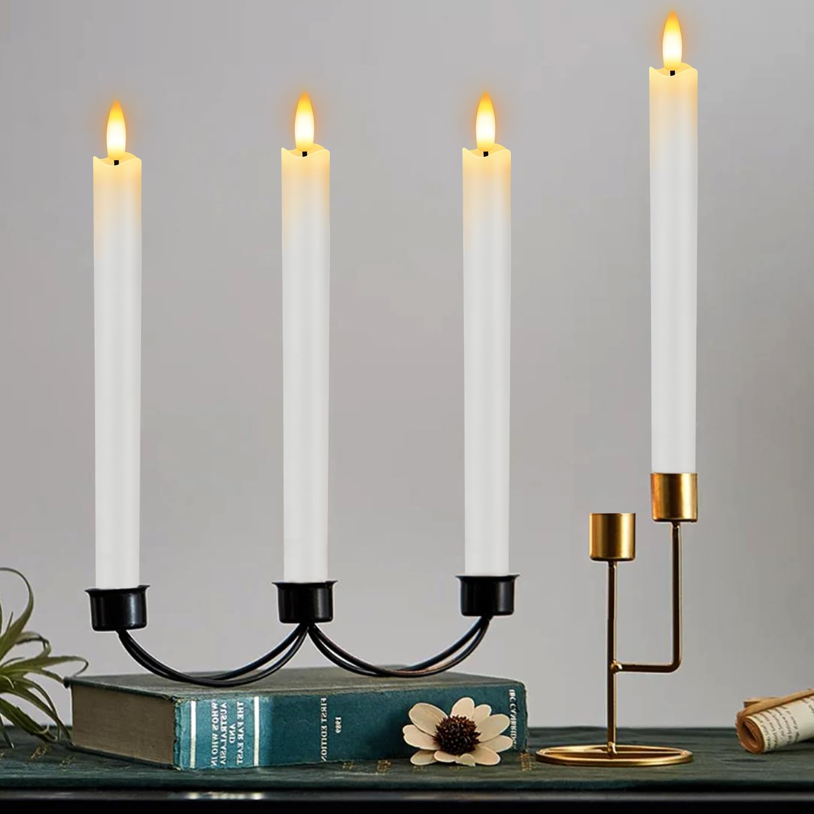 Hinzer 6 Pcs Flameless Taper Candles With Remote & Timer 9.6 Inch Real Wax Battery Operated Led Warm 3D Wick Flickering Window C