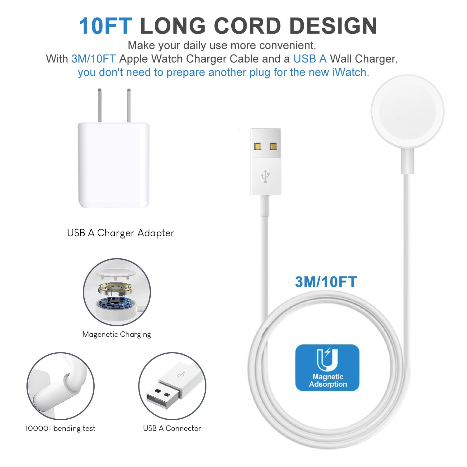 Watch Charger For Apple Watch Charger, 10Ft Long Iwatch Portable Wireless Fast Magnetic Charging Cable Cord With Usb Wall Charge