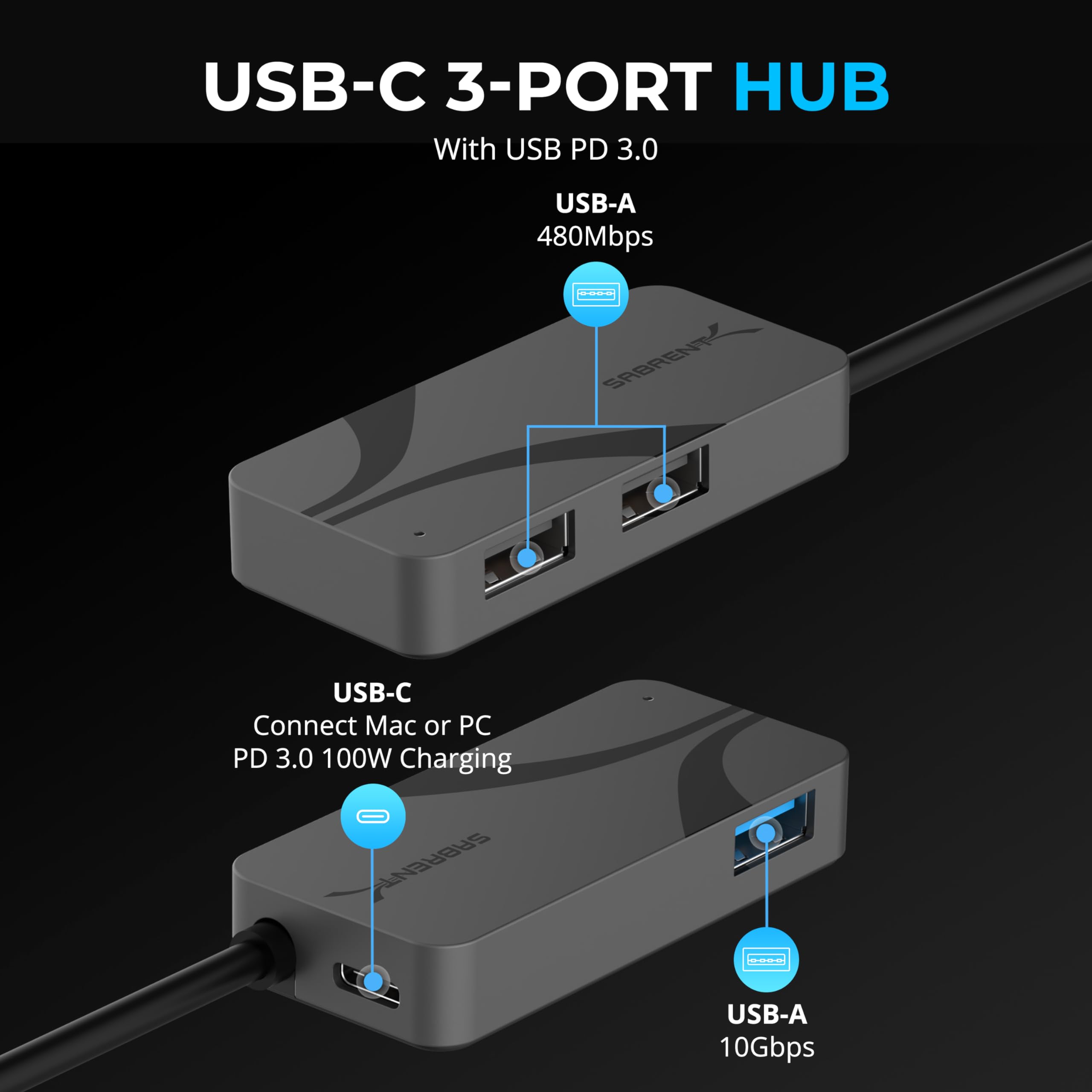 Sabrent Usb C Hub, 3 Port With 100W Power Delivery, 5Gbps Usb A & Usb C Ports, Usb Pd 3.0 For Laptops, Steam Deck, Rog Ally, Tab