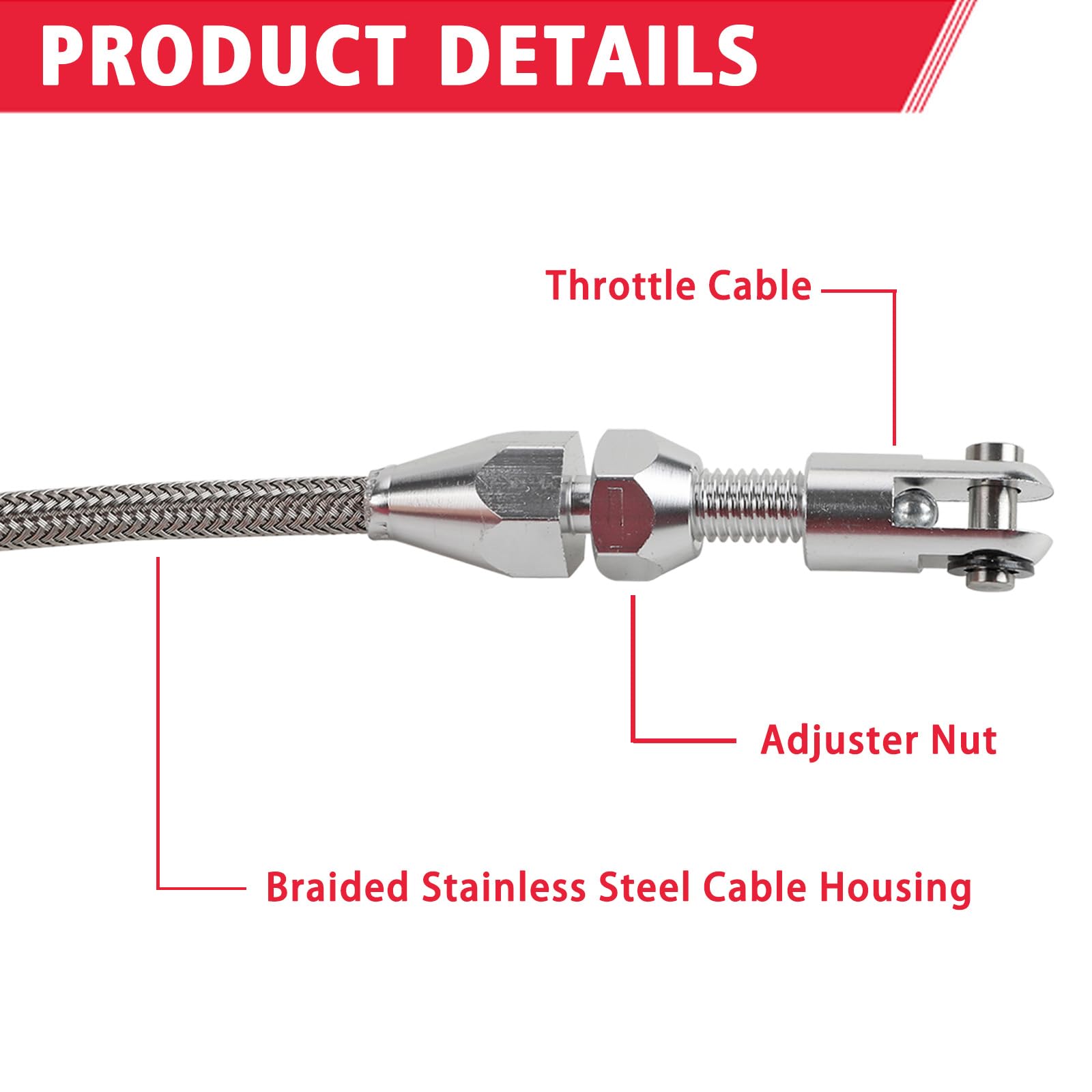 24'' Hi-Tech Universal Throttle Cable Kit Braided Stainless Steel With Aluminum Fittings Ferrules, Replacement Accelerator Cable