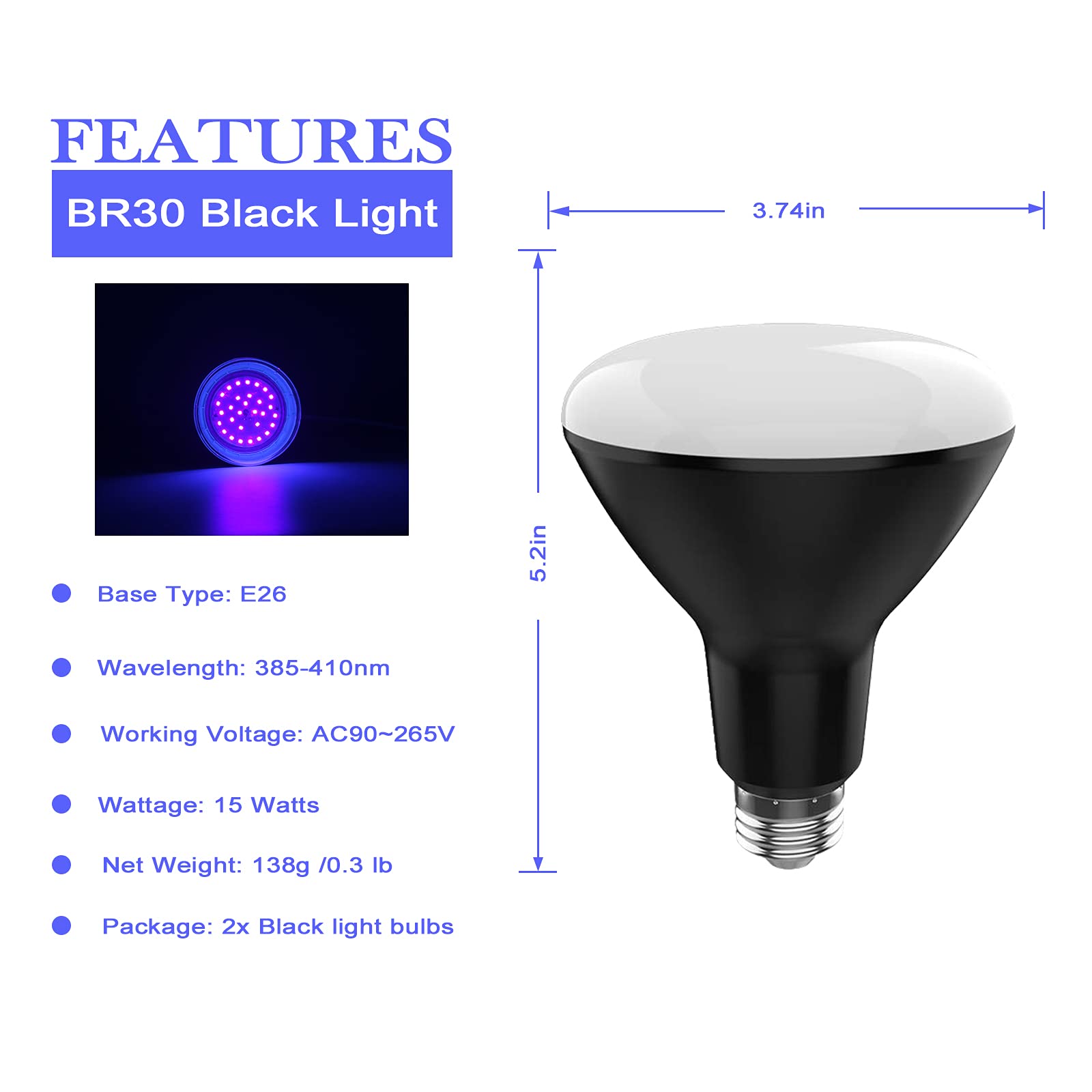 Br30 Uv Black Light Bulb - 15W(100W Equivalent) E26 Medium Base, Uva 385-410Nm, Blacklight Flood Light Bulbs Perfect For Body Pa