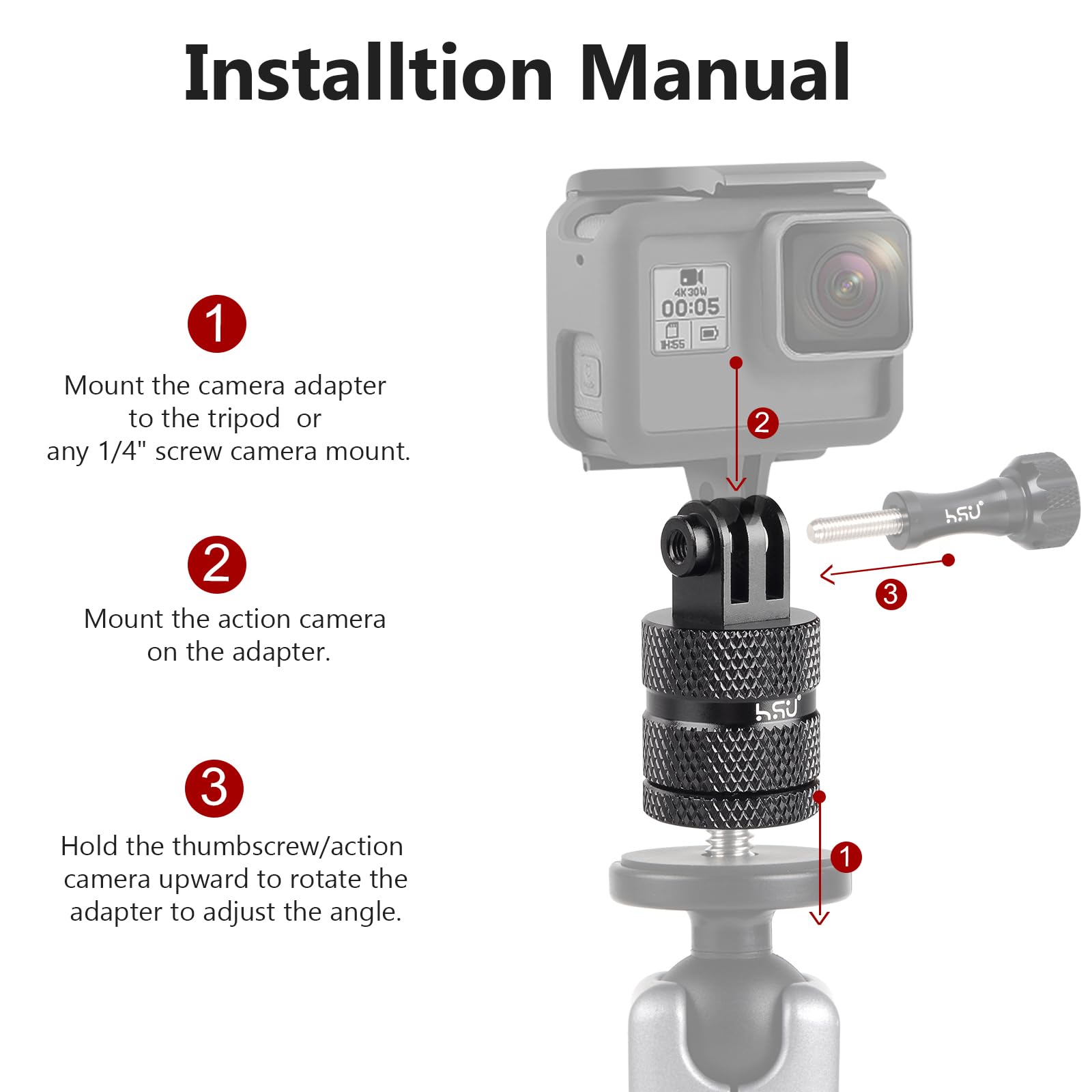 Hsu Aluminum 1/4 Inch 20 Camera Mount, 360 Degree Rotation Tripod Adapter Fits Gopro Hero, Dji Osmo Action Camera Insta360 Ace Pro Akaso Campark And Other Standard 1/4 Accessories