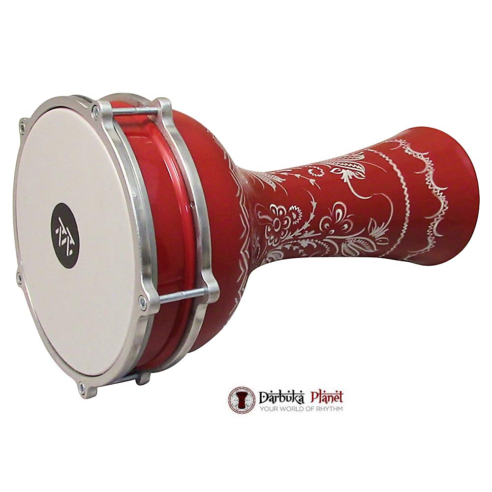 Zaza Percussion 16 Length Aluminum Darbuka, 8 Tunable Synthetic Head Turkish Doumbek Drum (Red   Engrave)