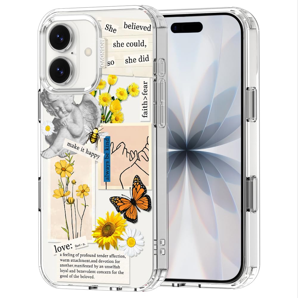 MOSNOVO for iPhone 17 Case | Military Grade 6.6ft Drop Tested | Camera Control | Clear with Vintage Collage Art Design