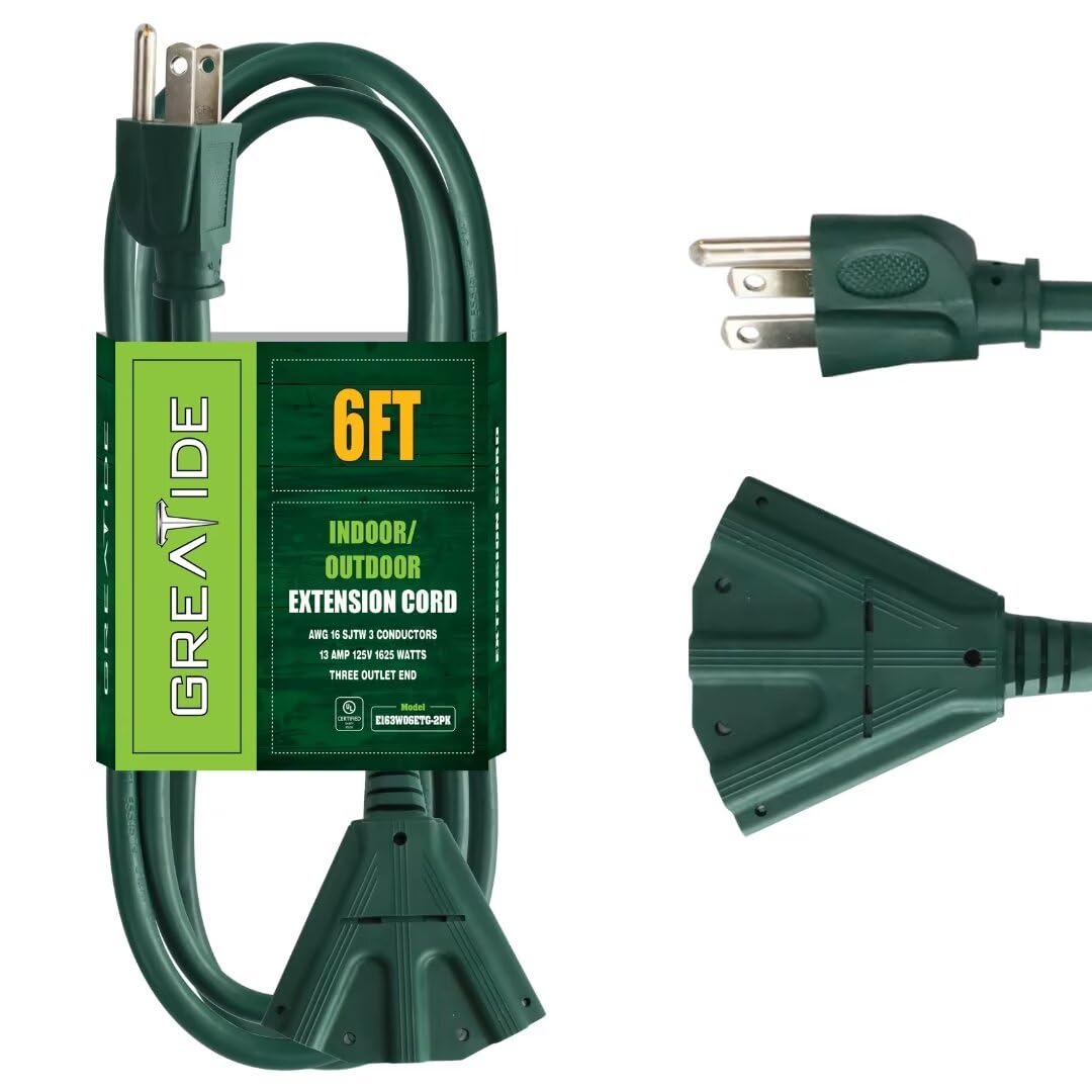 Greatide 6 Ft Outdoor Extension Cord With 3 Electrical Power Outlets   16/3 Sjtw Green Cable With 3 Prong Grounded Plug