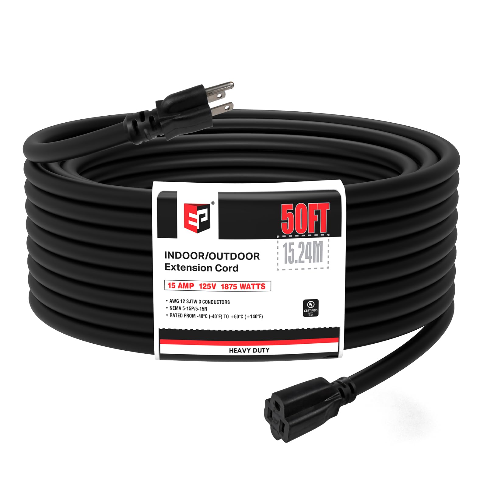 Ep 50 Ft Outdoor Extension Cord   12/3 Sjtw Heavy Duty Black Extension Cable With 3 Prong Grounded Plug   Power Cord For Lawn, G