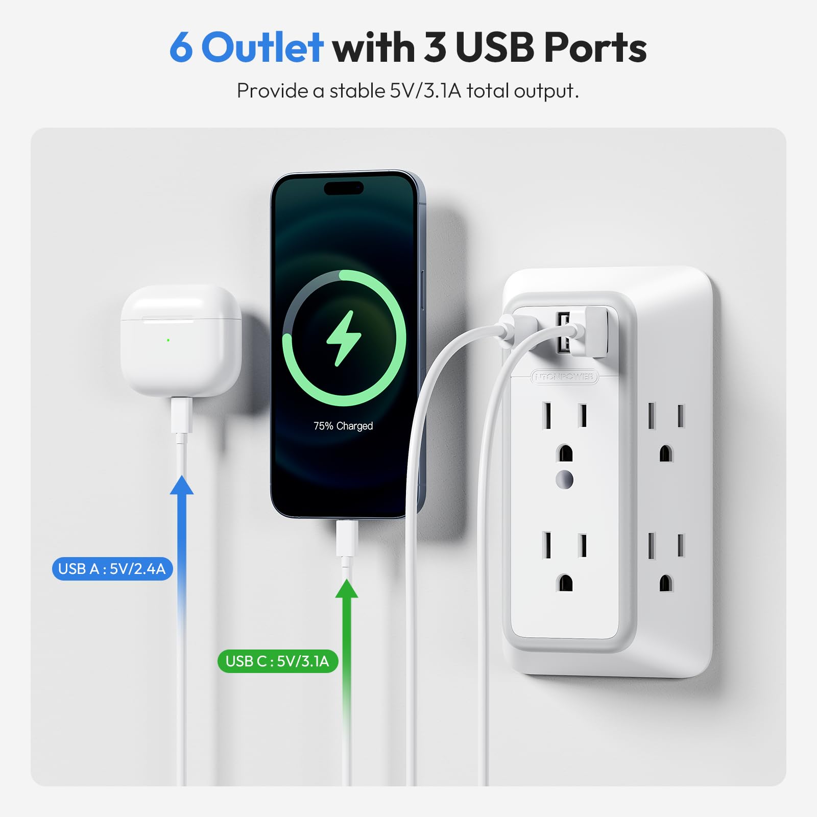 Ntonpower Wall Outlet Extender Surge Protector, 6 Outlet Extender With 3 Usb Wall Charger (1 Usb C), 3 Sided Outlet Splitter For