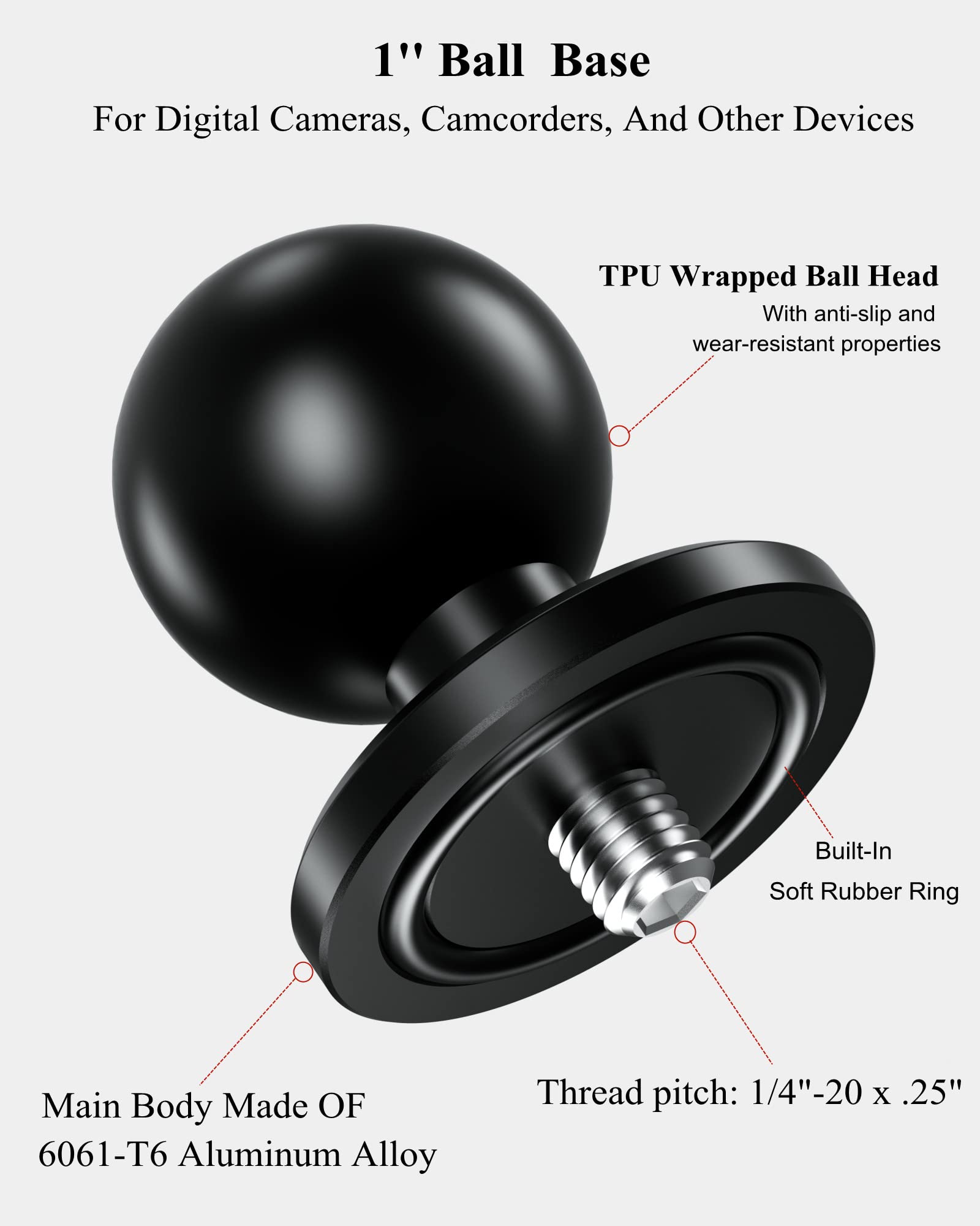 Brcovan Aluminum Alloy 1'' Ball Adapter With 1/4' 20 Threaded Stud For Action Camera & Camcorder Compatible With Ram Mounts B Size Double Socket Arm