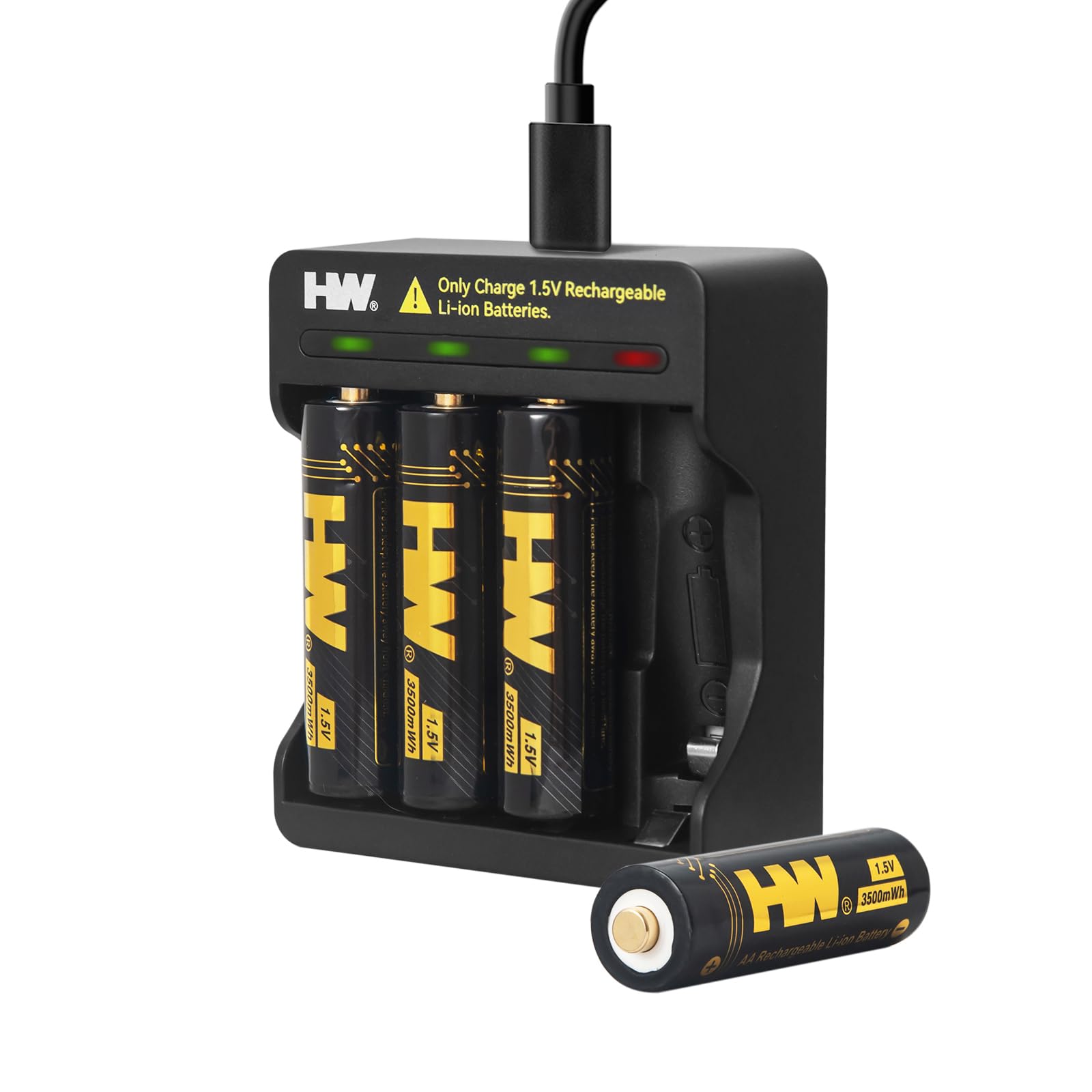 HW 4 Pack Rechargeable Lithium Batteries AA, 1.5V 3500mWh Double A Lithium Ion Batteries with 4-Bay AA/AAA Charger, Long Lasting