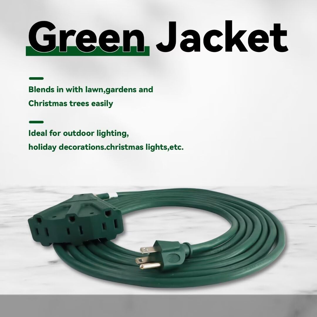 Greatide 6 Ft Outdoor Extension Cord With 3 Electrical Power Outlets   16/3 Sjtw Green Cable With 3 Prong Grounded Plug